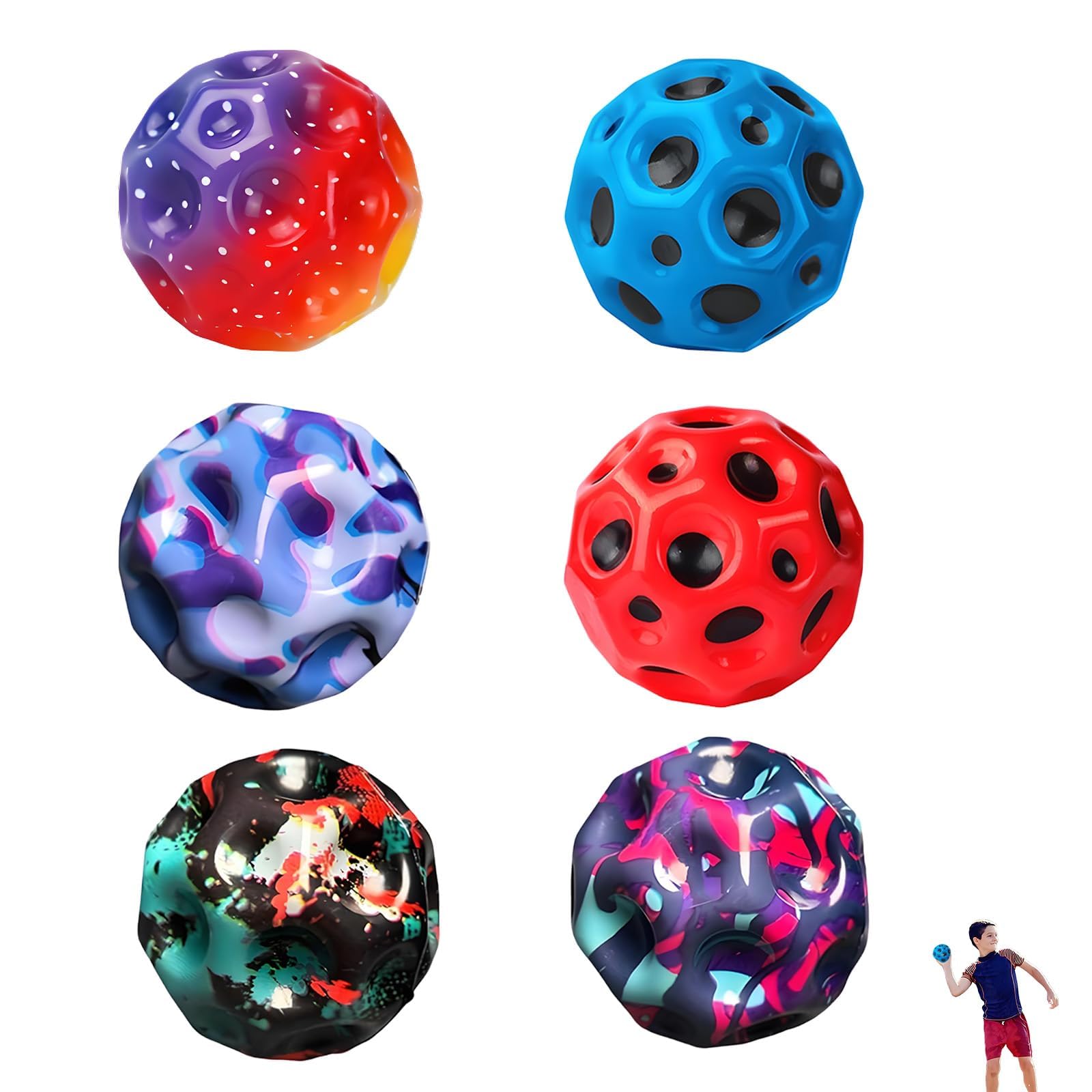 6PCS Bouncy Balls, Space Balls For Kids High Bouncing Space Ball Hand Eye Coordination Training, Durable Elastic Toy For Indoor Outdoor Games Party Gift, 3 Styles Each With A Random Color