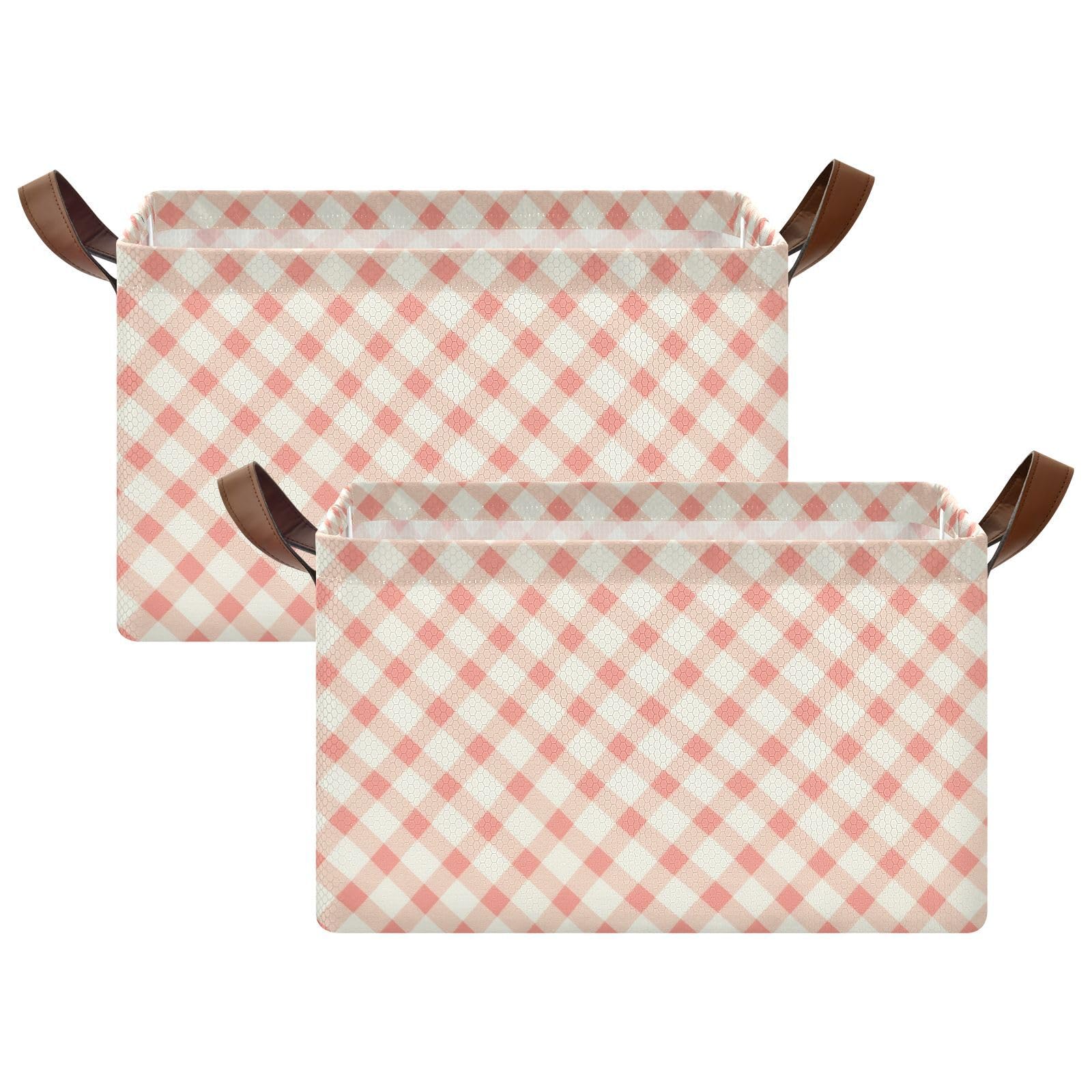 KLL Różowa kość słoniowa w kratkę retro duże kosze do przechowywania z uchwytami duży dekoracyjny organizer do organizacji, 2-pak cajas de almacenamiento para closet