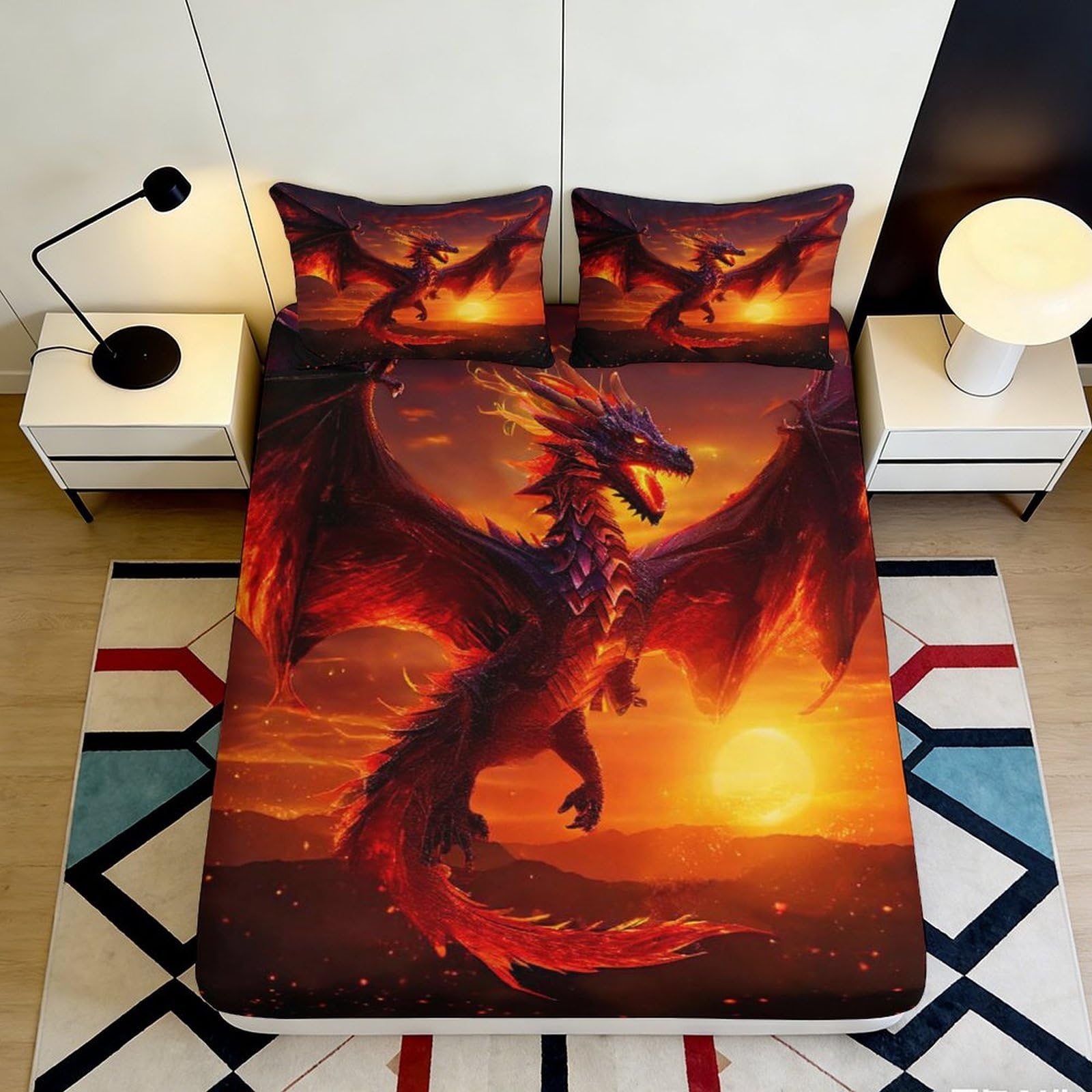 3D Printed Fiery Dragon Fitted Sheet Microfiber Soft Breathable Sunset Sky Bed Cover for Bedroom Dormitory Guest Room Mattress Protection Decoration 120x200x25cm