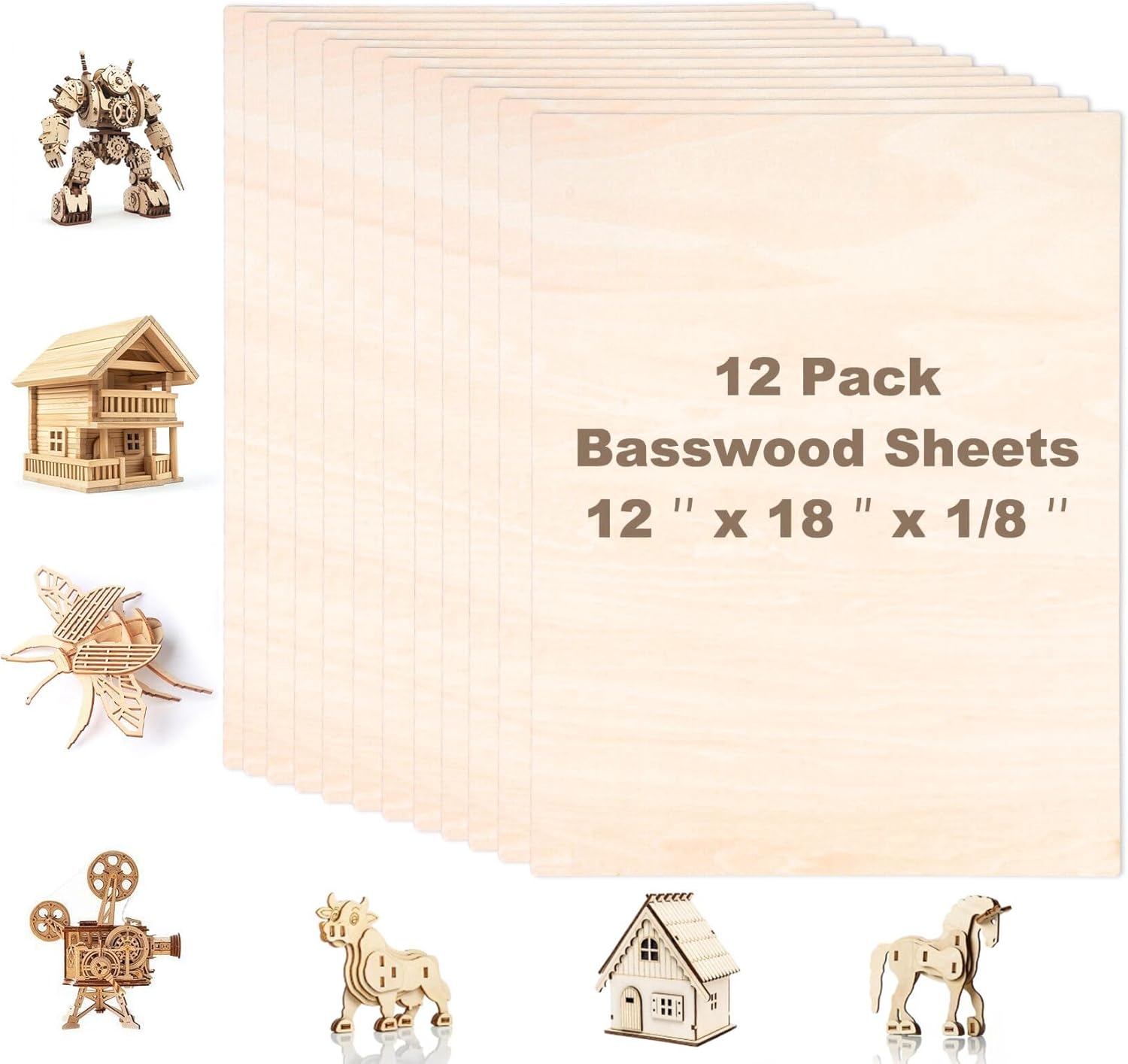 Basswood Sheets 12Pcs Unfinished Plywood Sheets 1/8 x 12 x 18 Inch Laser Cutter Wood Panel Wood Blanks Natural Thin Wood Planks for Crafts,Laser Cutting and Engraving,Painting Board