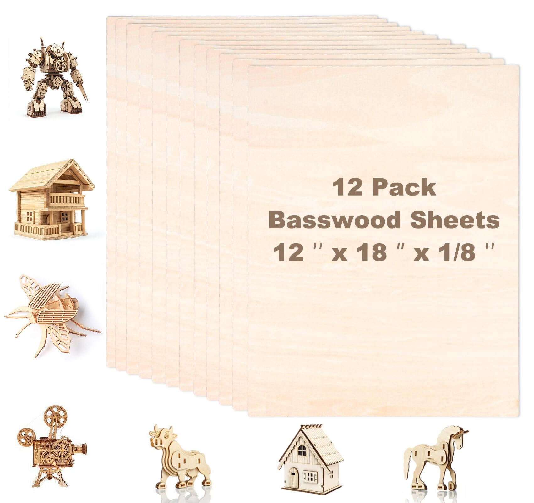 ilauke Basswood Sheets 1/8x12x18Inch, 12Pack Unfinished Plywood Sheets for Crafts, Balsa Wood Sheets for Laser Cutting, Engraving, Wood Burning,