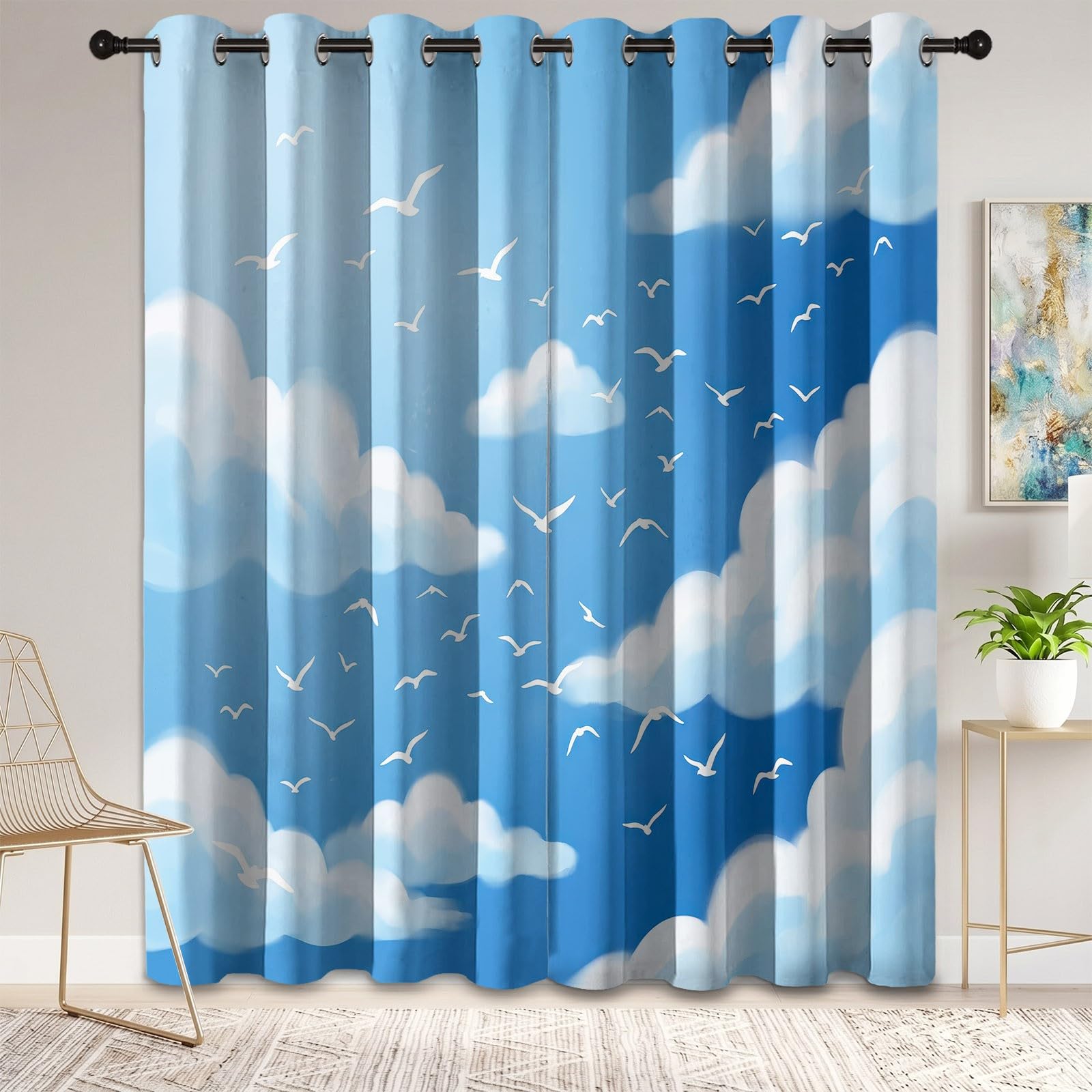 Générique Rideau Occultant Moderne Nordique, Ciel Nuages Oiseaux Motif Rideaux Thermiques à Oeillets, Rideaux Imprimé pour Salon Chambre Fenetre Moderne Décoration, 140 X 245 cm (LxH), Lot de 2
