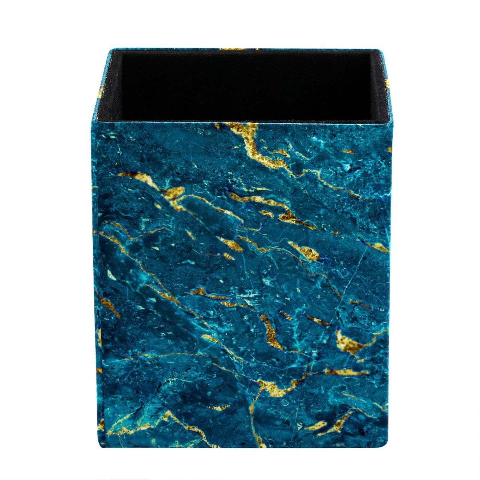 FWJZDSP Pencil Pen Holder, Blue Gold Marble Makeup Brush Holder, Leather Desk Accessories, Stationery Organizer for Office Desk Accessory