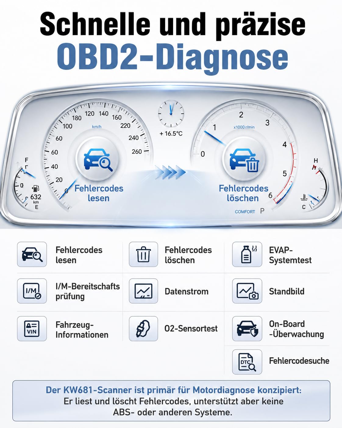 KONNWEI KW681 OBD2 Diagnosegerät Auto Auslesegerät & Batterietester 2-IN-1 | Universal KFZ Fehlercode Lesegerät mit Ein-Klick-I/M, 6V 12V Autobatterie Tester für Batterietests Anlasstests & Ladetests