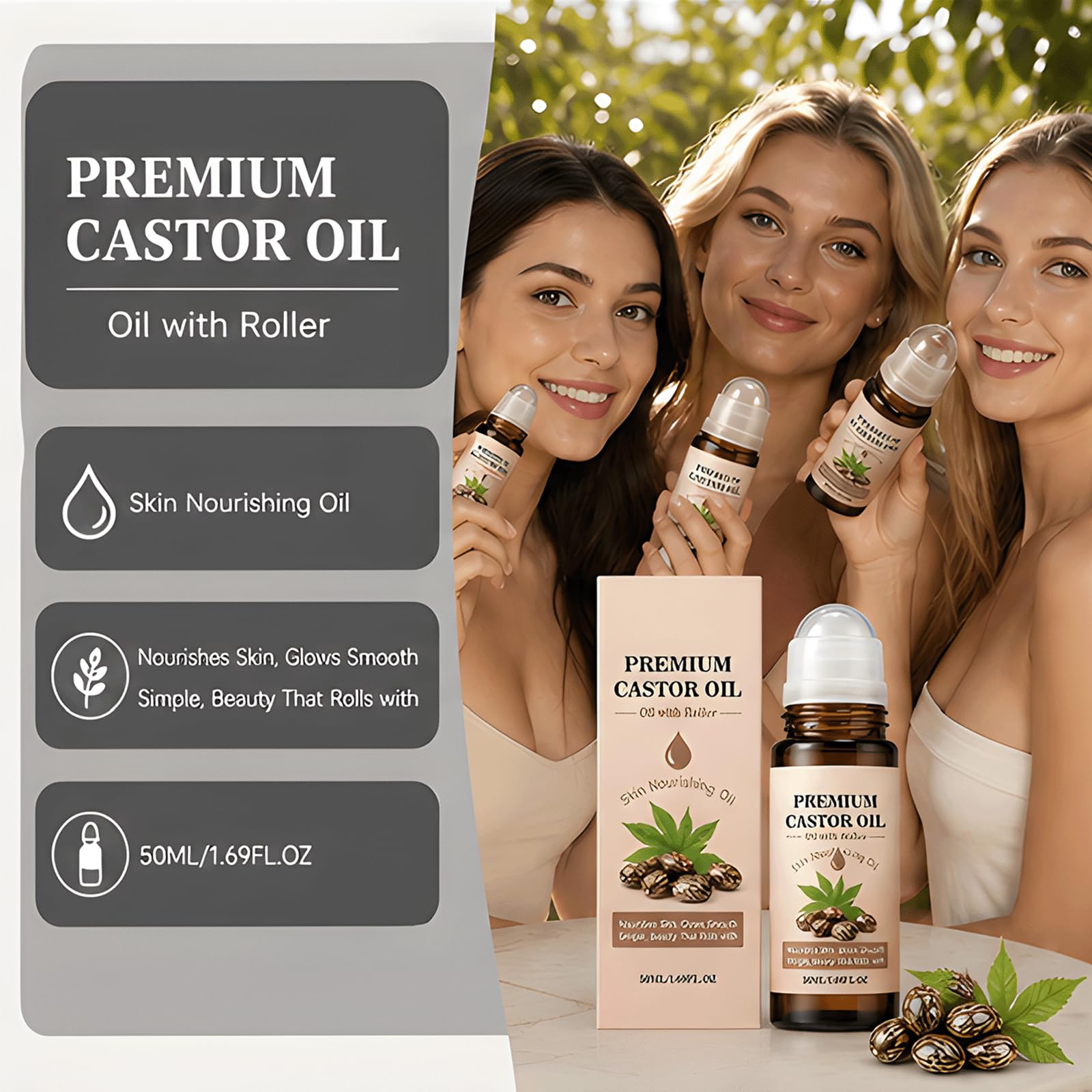 Organic Castor Firming Oil Rose Quartz Roller Ball - nawilżające serum pod oczy i skórki, tłoczony na zimno, wolny od heksanu olej rycynowy przeciwzmarszczkowy do skóry krepowanej (6szt)