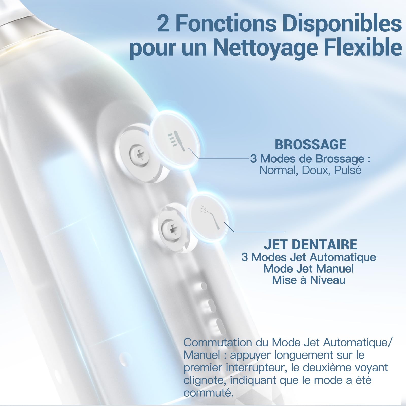 Marchpower Brosse à Dent Electrique Sonique avec Jet Dentaire Portable 2 en 1 - Kit Voyage Hydropulseurs et Irrigateurs pour Adultes - 3+4 Modes de Nettoyage - 4 Têtes de Rechange - IPX7 Etanche