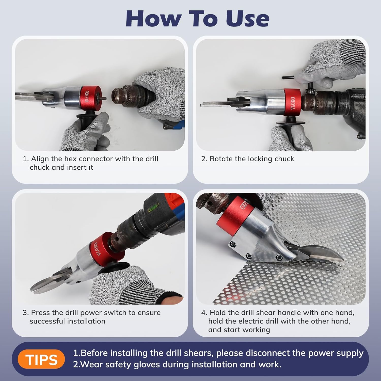 VLOXO Drill Metal Shear Attachment, Shear Metal Cutter with 360-Degree Pivoting Head Cordless Electric Drill Attachment Professional Metal Cutting Tool for Cuts Iron Sheet Aluminum and Copper