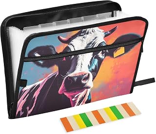 Graphic Expanding File Folder Organizer Cow Painting Print 13 Pockets for A4 Size Accordion Document Organizer with Label