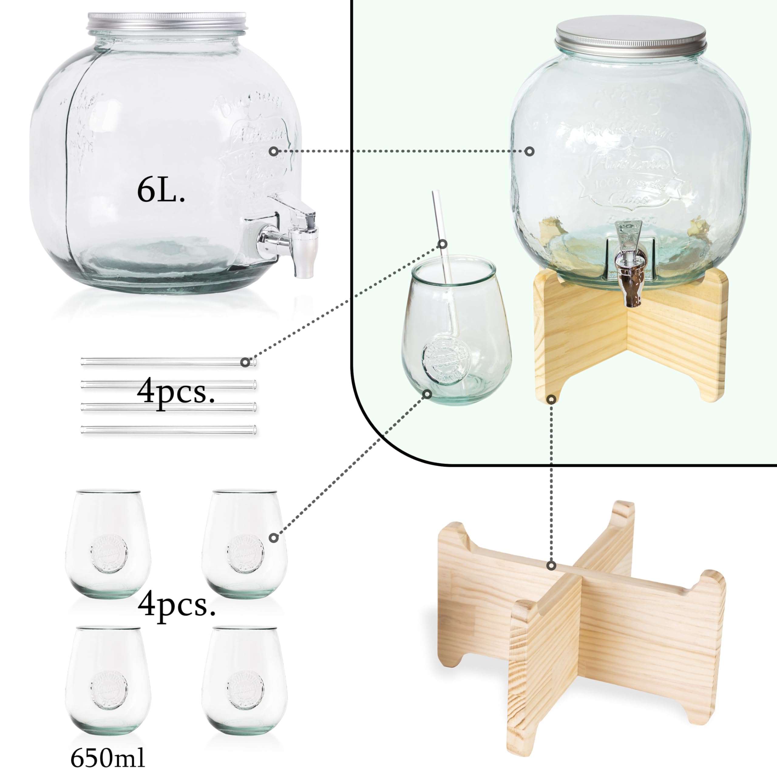 Dispensador de bebidas con soporte, vasos y pajitas. Jarra agua cristal 100% reciclado con grifo. Recipiente de vidrio reciclado, base de madera y vasos+pajitas. Mojito vino sangria (6 LITROS)
