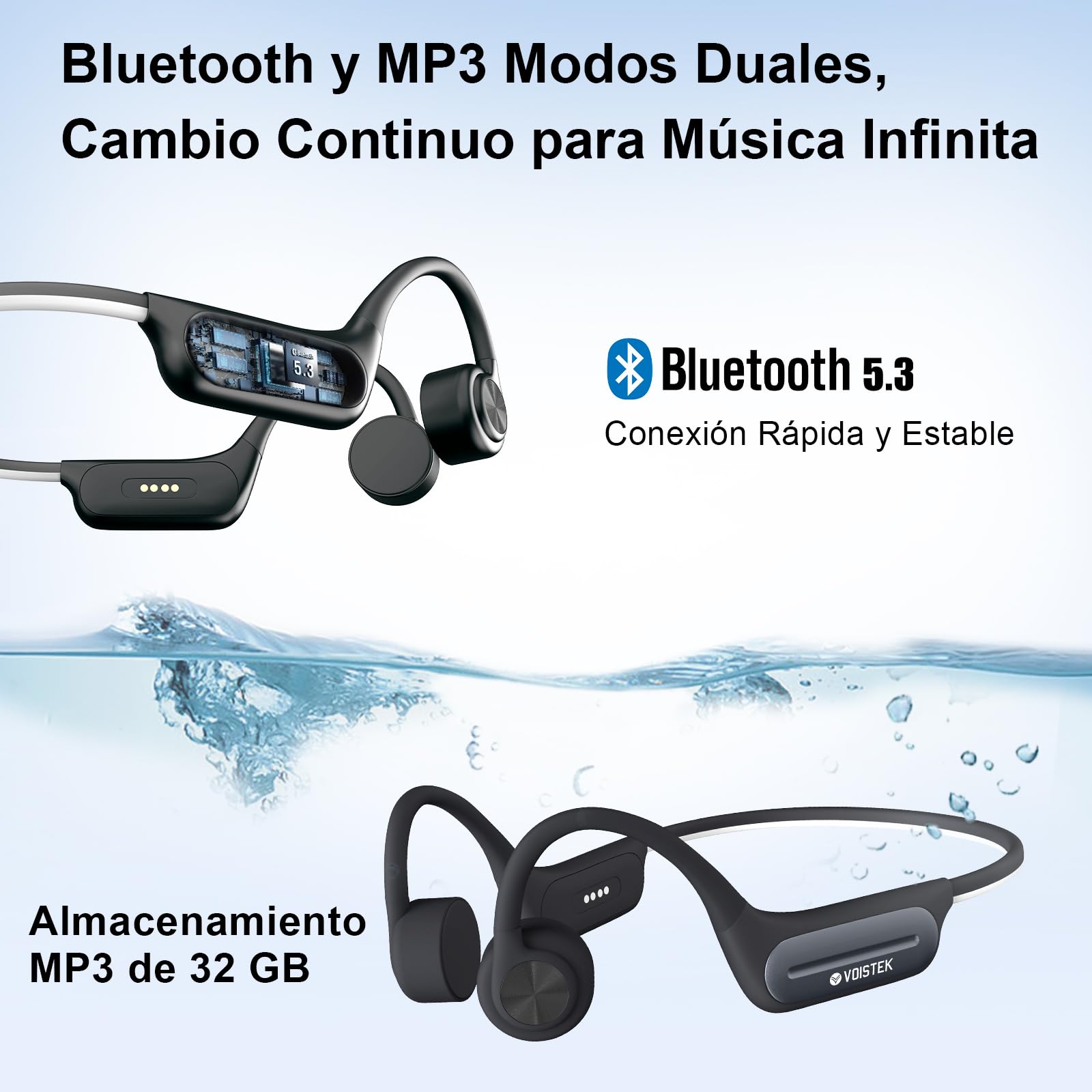 Voistek Auriculares Conducción Ósea Bluetooth 5.3, IP68 Impermeables, Cascos Conducción Ósea Inalámbricos, Reproductor MP3 Integrado 32GB, Auriculares Deportivos Open-Ear para Nadar, Correr, Ciclismo