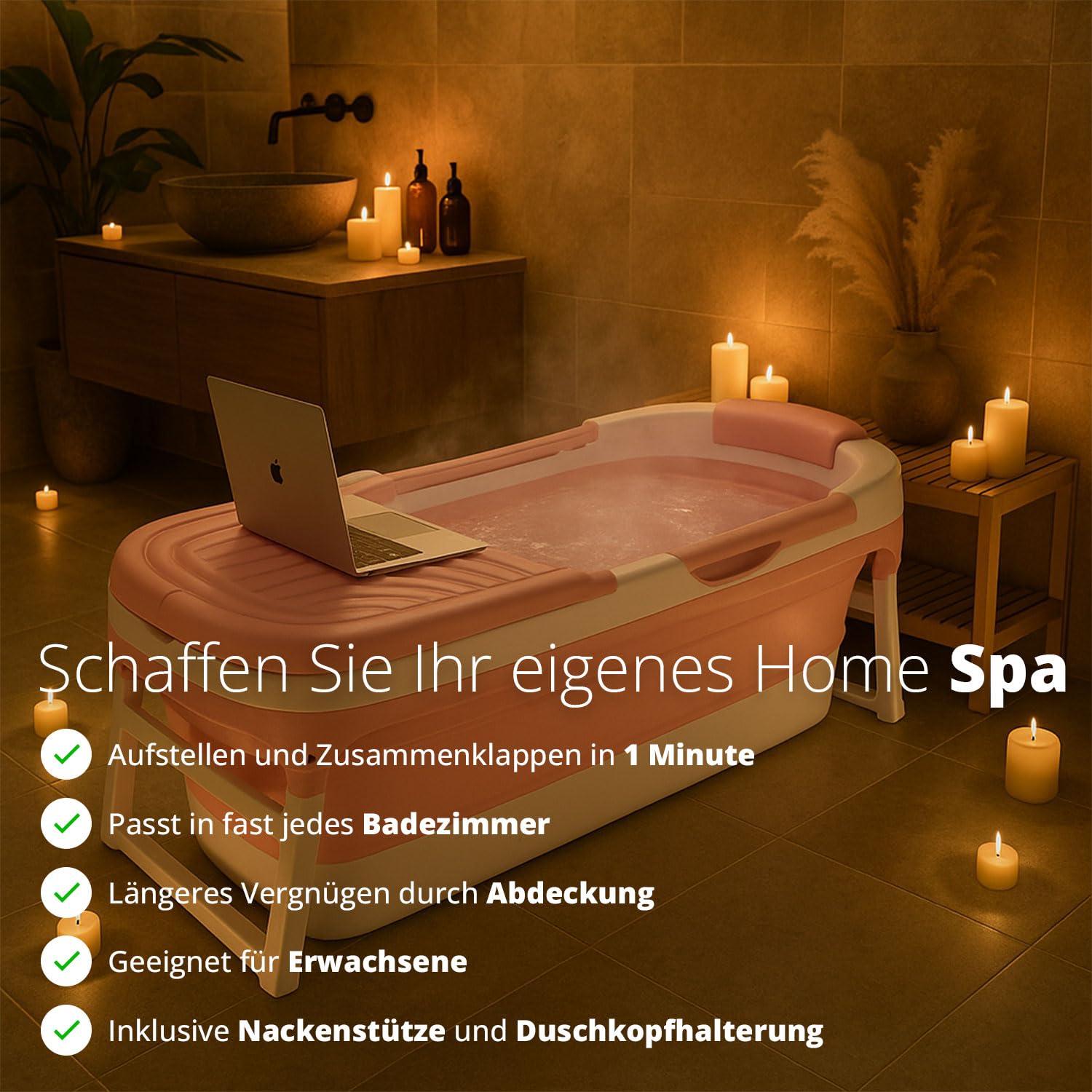FLINQ Faltbare Badewanne XXL für Erwachsene - 158 x 60 x 53 cm - Klappbare Mobile Badewanne - Auch für Kinder Geeignet - Rosa