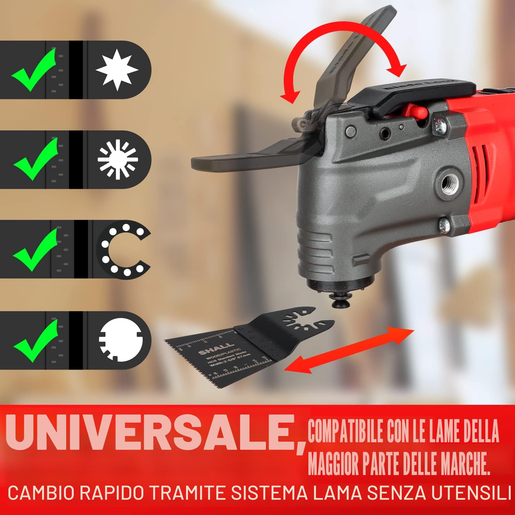 SHALL Strumento oscillante, kit di strumenti multifunzione oscillanti da 500 W con angolo di oscillazione di 5°, 34 accessori per sega e borsa per il trasporto