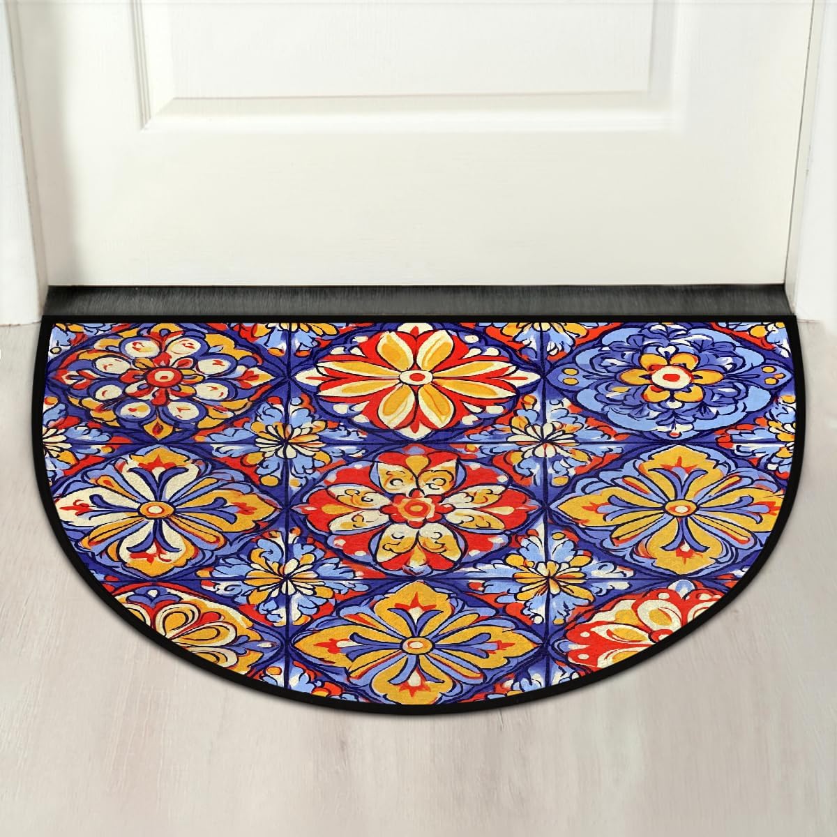AUUXVA Mexican Half Round Door Mat Indoor Entrance, Ceramic Tile Pattern Non Slip Absorbent Doormats, 24 x 36 Wear Resistant Semi Circle Floor Mats Area Rugs for Home Kitchen Patio
