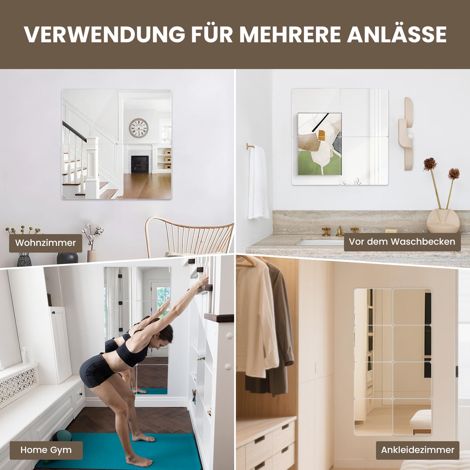 WEER Sicherer Klebespiegel Selbstklebend 4 Stück 35x29cm, 2mm Sicherheitsglas Wandspiegel, HD DIY Türspiegel, Ganzkörperspiegel, Badezimmer Ohne Bohren, Schlafzimmer & Kinderzimmer