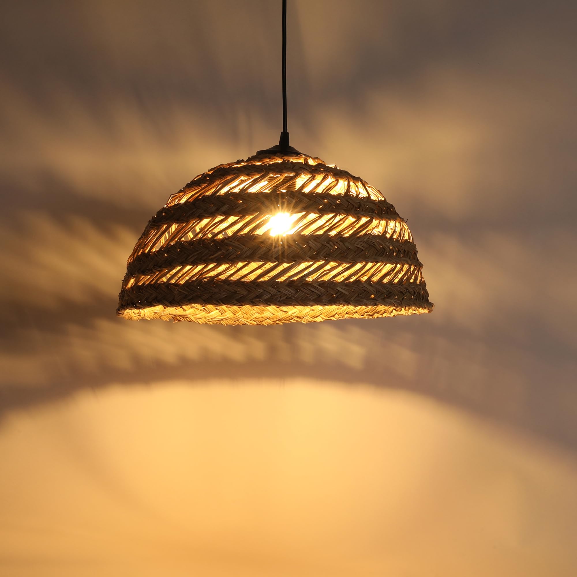LUSSIOL - Luminaire Denva, lustre naturel - lampe suspendue en seagrass tressé - câble plastique blanc, douille E27 - possibilité ampoule LED - 60W maxi, Diam. 40 x H. 20 cm