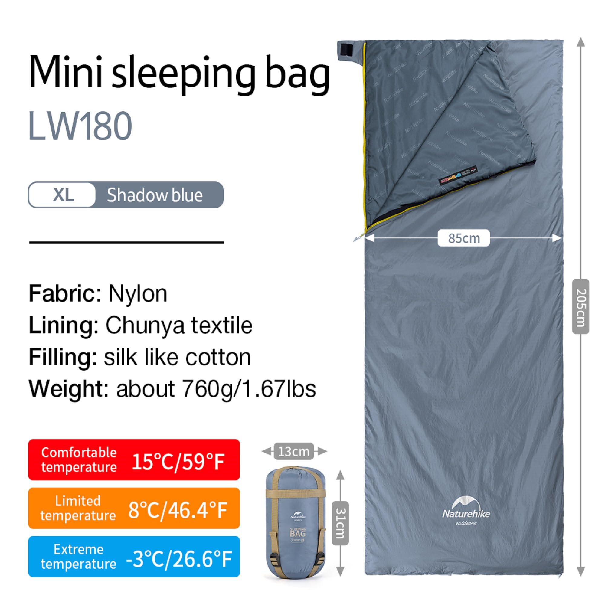 Naturehike Ultralekki letni śpiwór (760 g) - lekka i przenośna koperta, wodoodporny śpiwór na 3 pory roku, wygodny z torbą kompresyjną