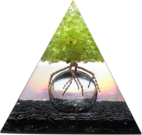 Miniatura 6 de mookaitedecor Paquete - 2 artículos Árbol de dinero de cristal de peridoto con base de rodaja de ágata y pirámide de orgón de árbol de peridoto de