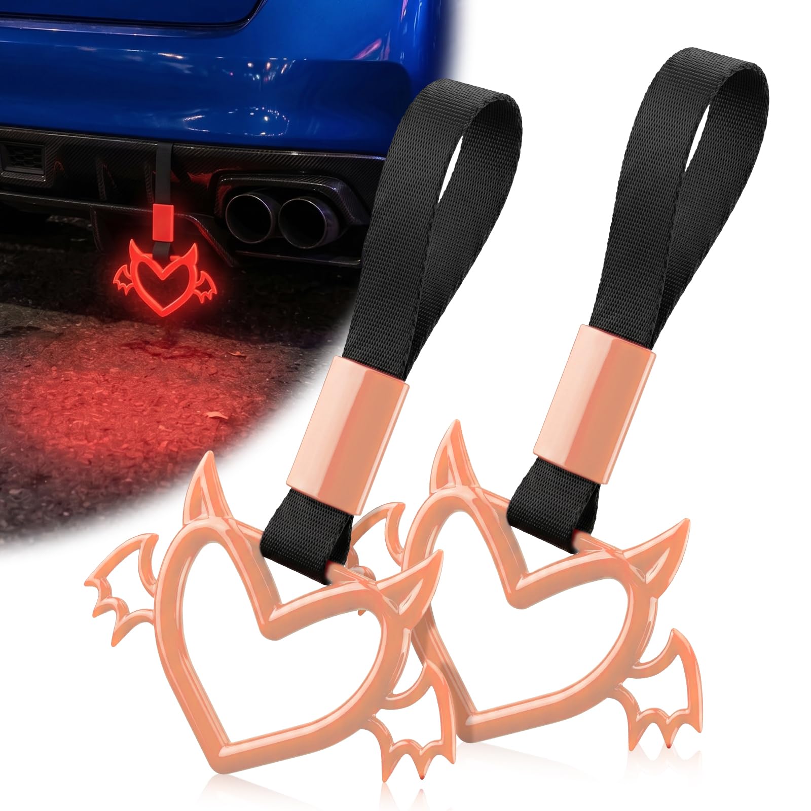 2 Pcs Devil Heart Shaped Car Handle Strap – JD M Drift Charm Rear Bumper Warning Ring Decor for Car Interior Exterior, Subway Bus Handle Accessory, Cute Heart Car Decor Gift (Luminous Red-Wing)