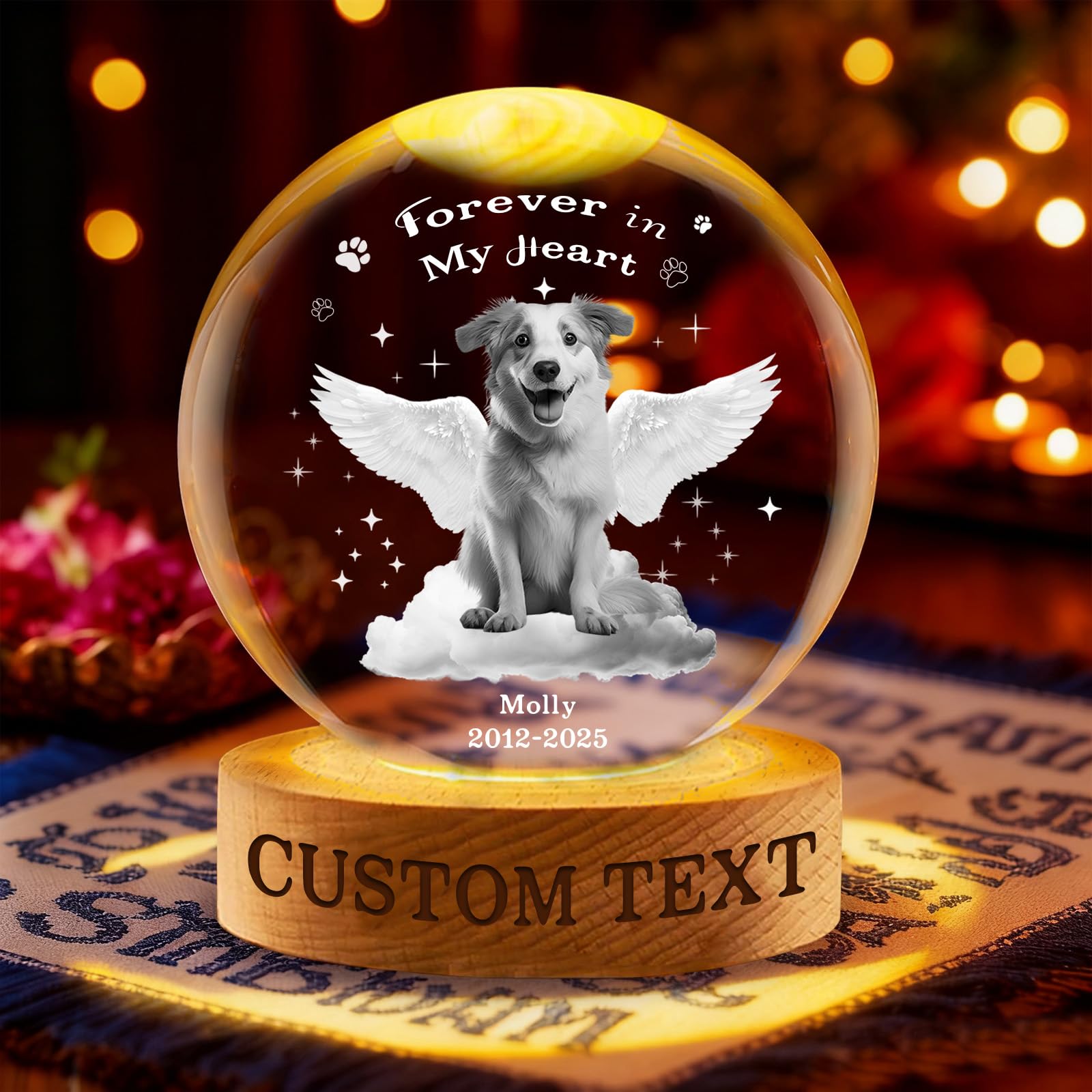 Fkf Pet Keepsake Personalized Memorial Crystal Ball Night Light, Custom Photo Memory Globe Lamp Laser Engraved Keepsake With Wooden Base For Loss Of Loved Ones, Pet, Mom, Dad, Bereavement Gift (Pet Keepsake)