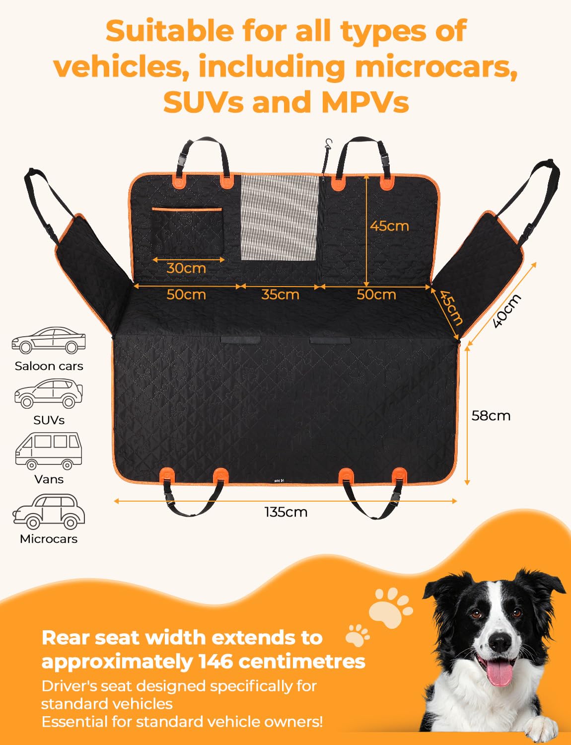 KYG Coprisedile per auto per animali domestici, design rimovibile, finestra in rete traspirante, cinghia di sicurezza anti-scappamento, impermeabile e antiscivolo, universale per cani e gatti (nero)