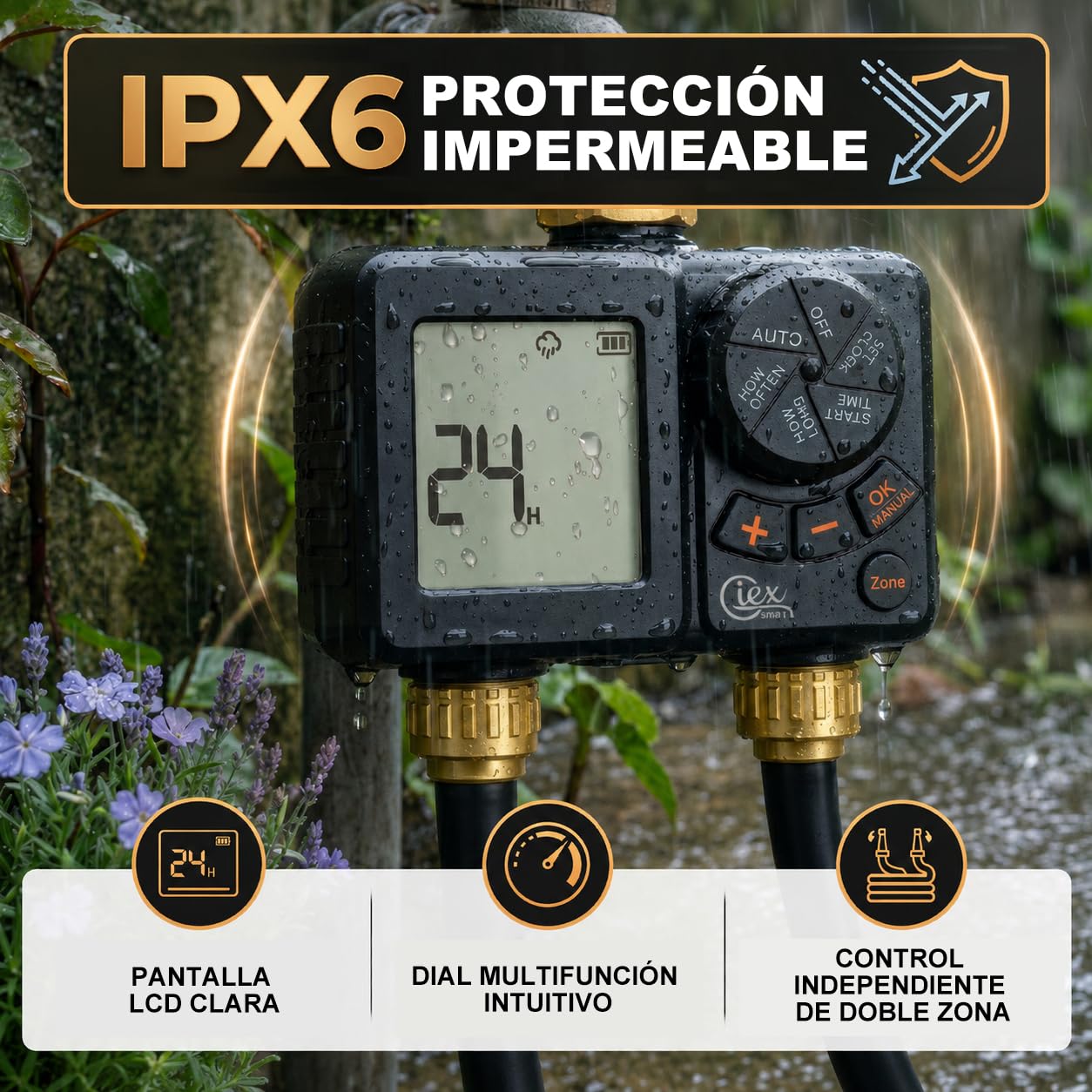GIEX - Ordenador de riego de 2 vías, temporizador de riego recargable, 2 zonas con conexión de latón, temporizador de agua programable con IP66, retardo de lluvia y riego manual para jardín, césped