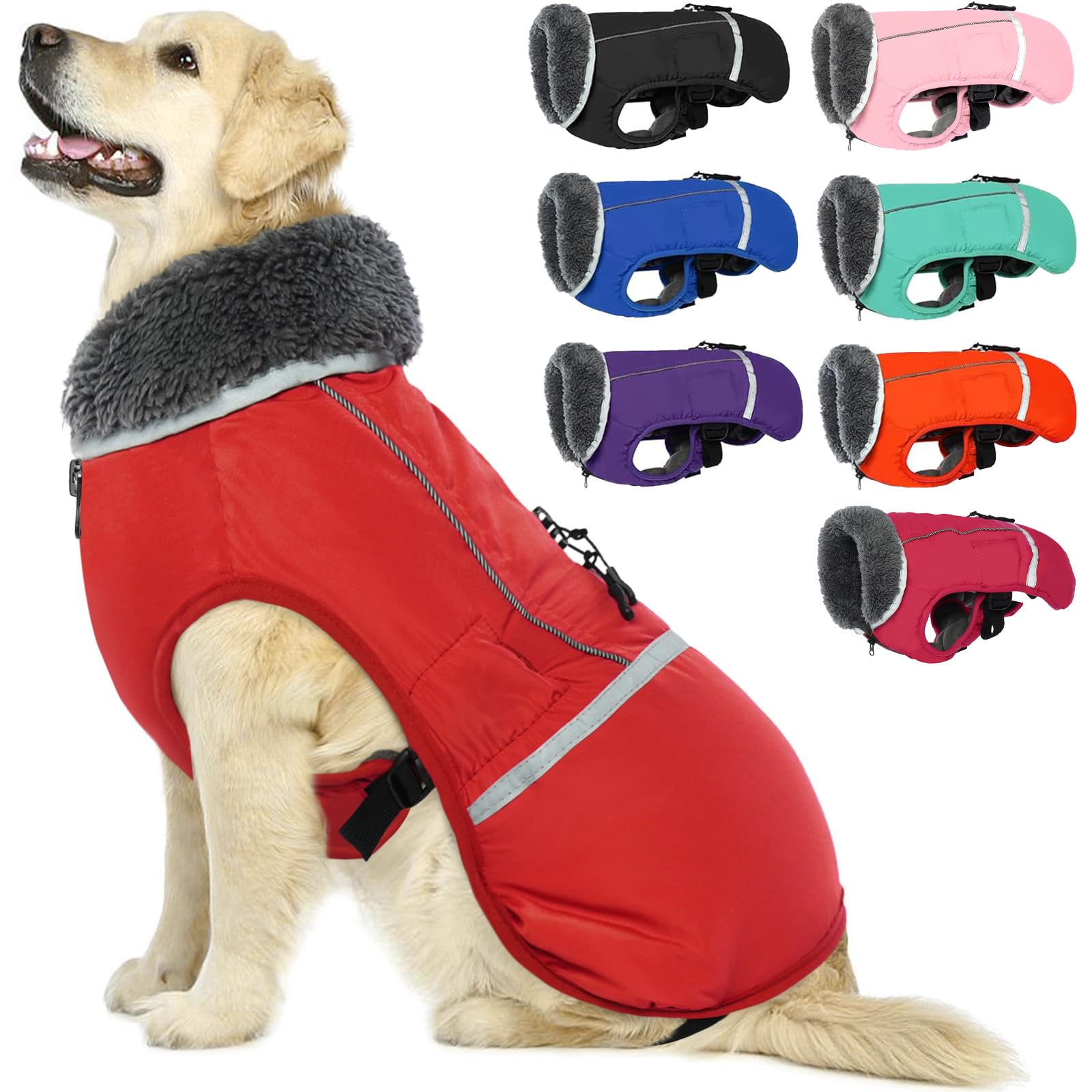 Warm Dog Coat Reflective Winter Jacket, Waterproof Windproof Dog Turtleneck Clothes for Cold Weather, Thicken Fleece Lining Pet Outfit, Adjustable Pet