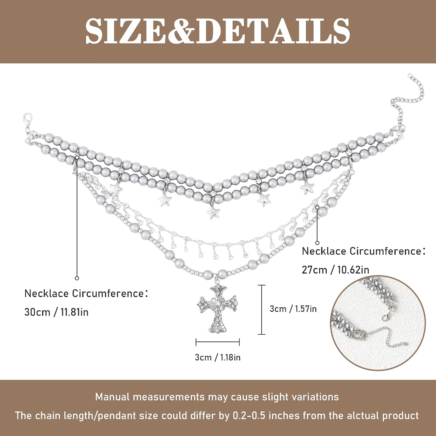Gothic Pearl Necklaces, Chunky Silver Necklace Layered with Cross Pendant for Women Goth Y2k Accessories