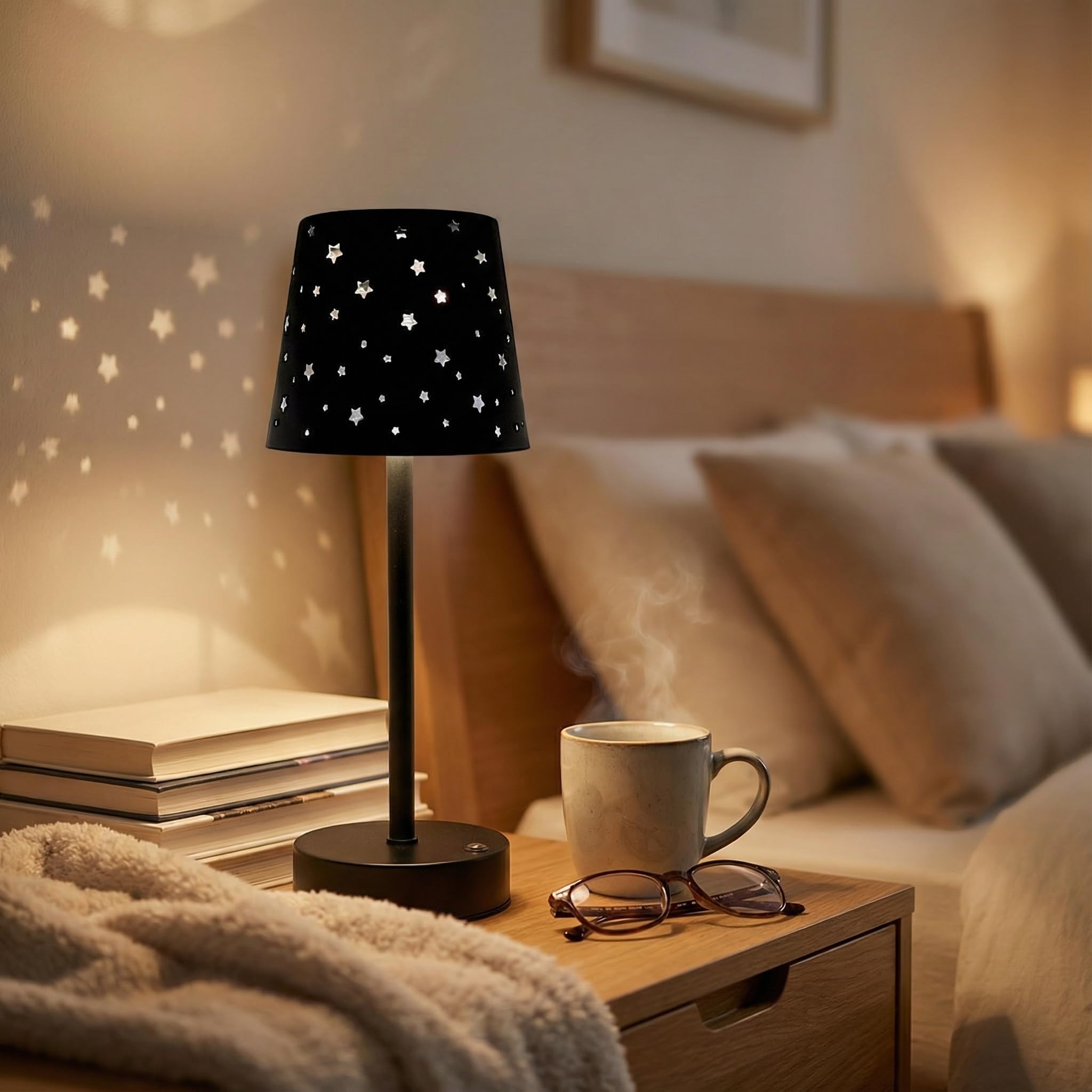 MIJOMA LED Akku-Tischlampe mit Sternenhimmel-Schirm – dimmba