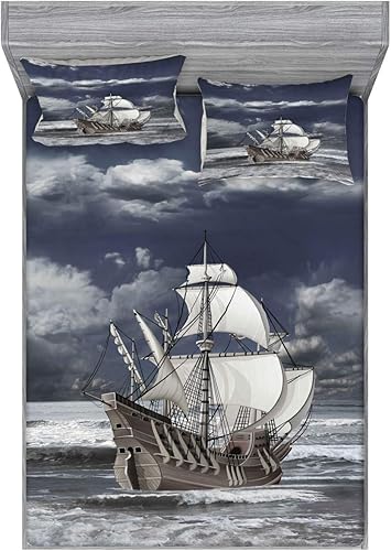 Miniatura 39 de Ambesonne Juego de sábanas bajeras y fundas de almohada, dibujos de aviones antiguos, vuelos clásicos con fechas, estilo vintage, diseño nostálgico,