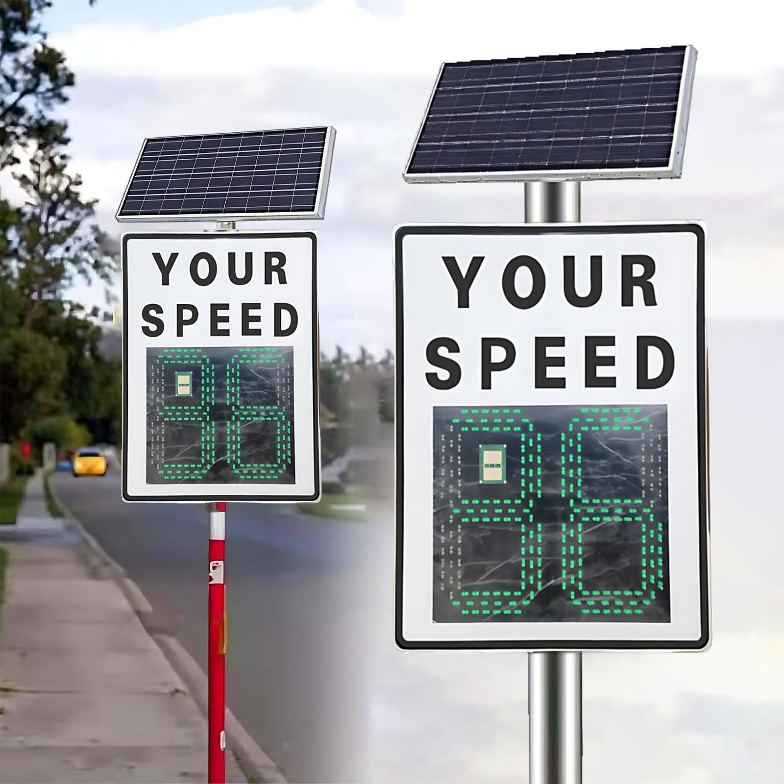 MIAOXIAOLONG 60 X 90 Cm Señal De Radar De Velocidad Solar, con Indicador De Velocidad Y Control Remoto, con Detector De Límite De Velocidad Y Pantalla Led, 336 Led E Intermitente Ajustable White