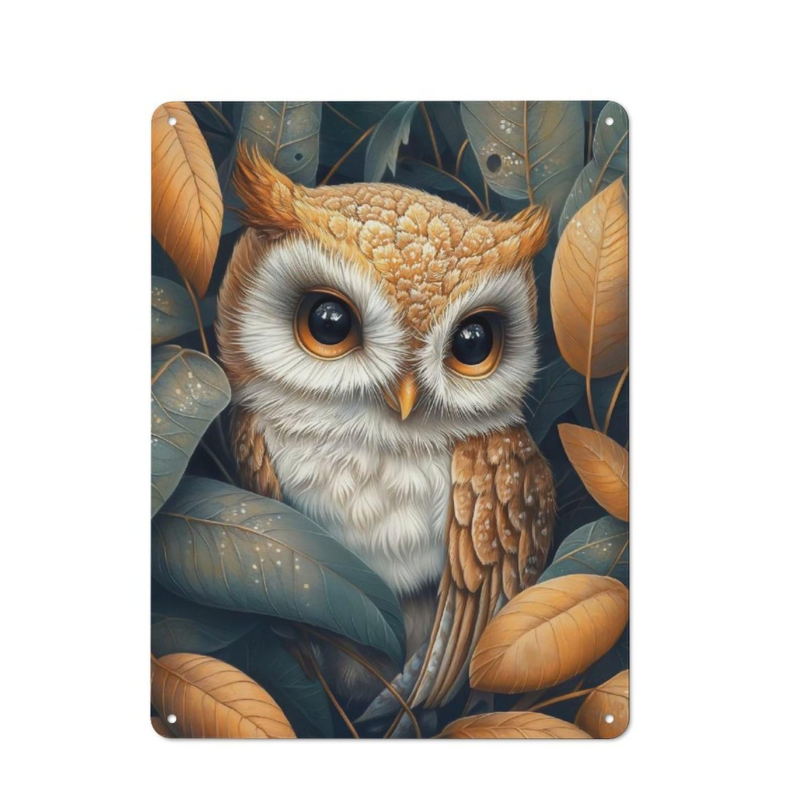 Country Cute Baby Owl in Autumn Leaves Farmhouse Metal Sign 40x30cm, Farmhouse Wall Decor for Dining Room, Cafe, Entryway Or Family Room
