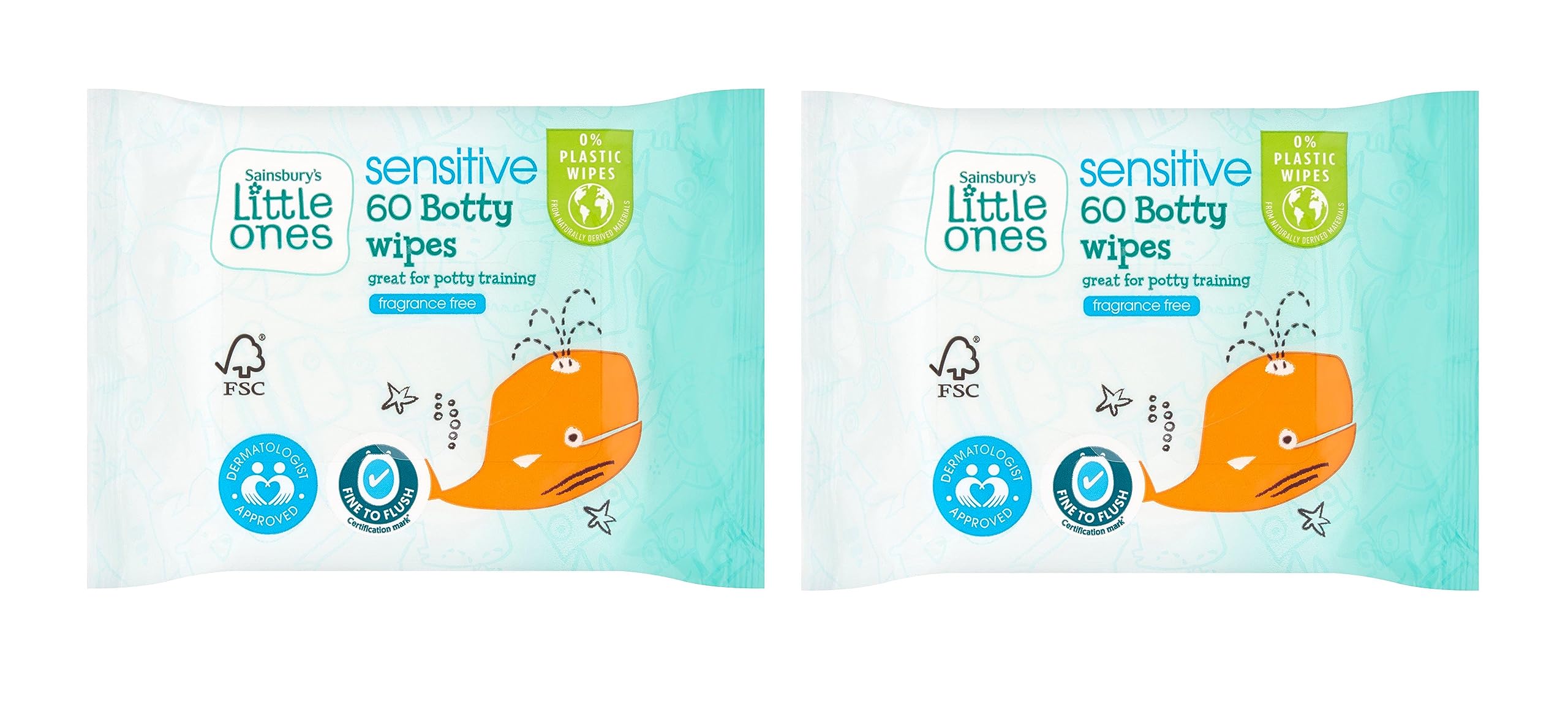 2X Little Ones Botty Potty Training Frangrance Free Wipes 60 Pack