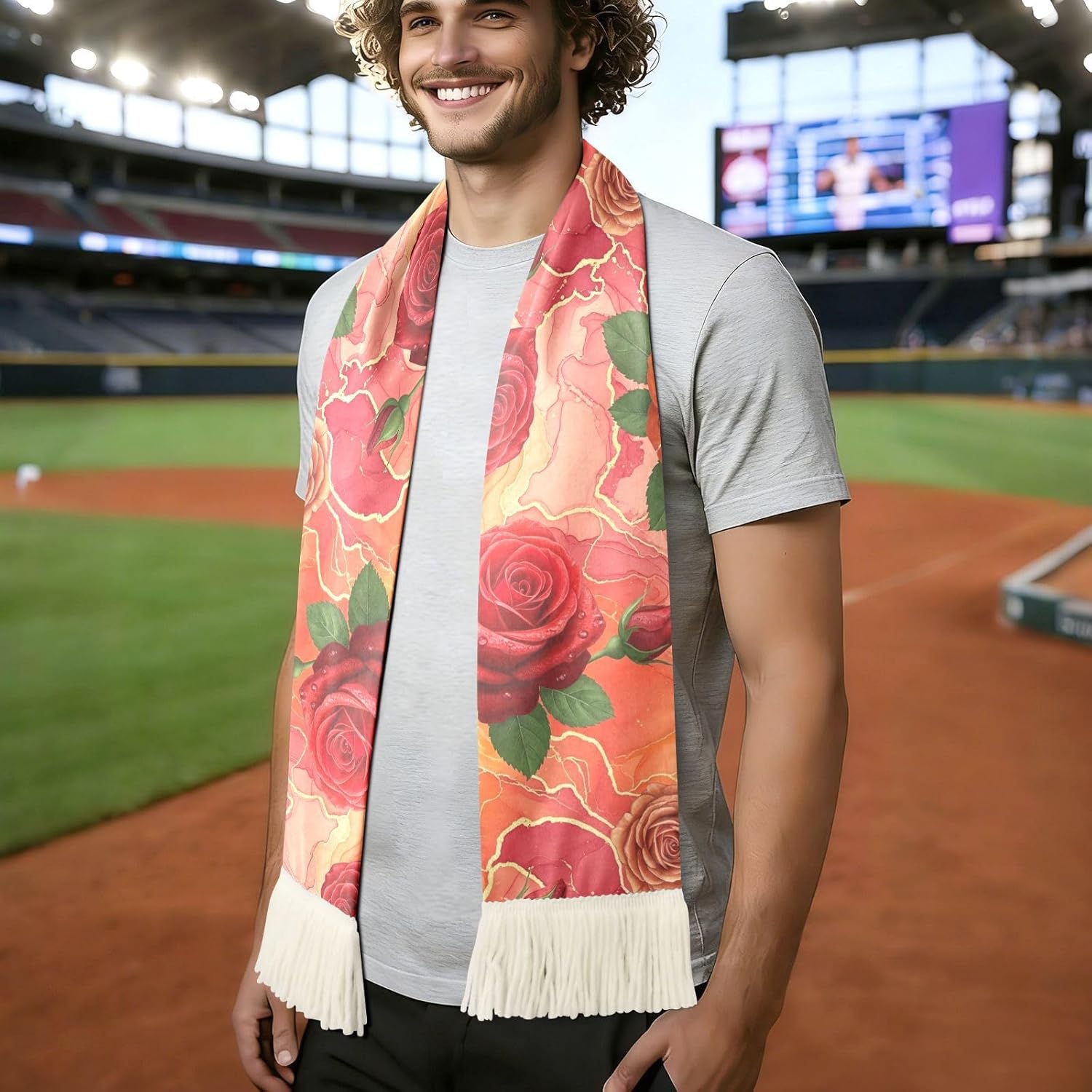 CHIFIGNO Red Rose Orange Sports Fan Scarf Towel, 100% Polyester Quick Dry Cheering Scarf for Soccer Games, Soft Fringe Ends Rally Towel