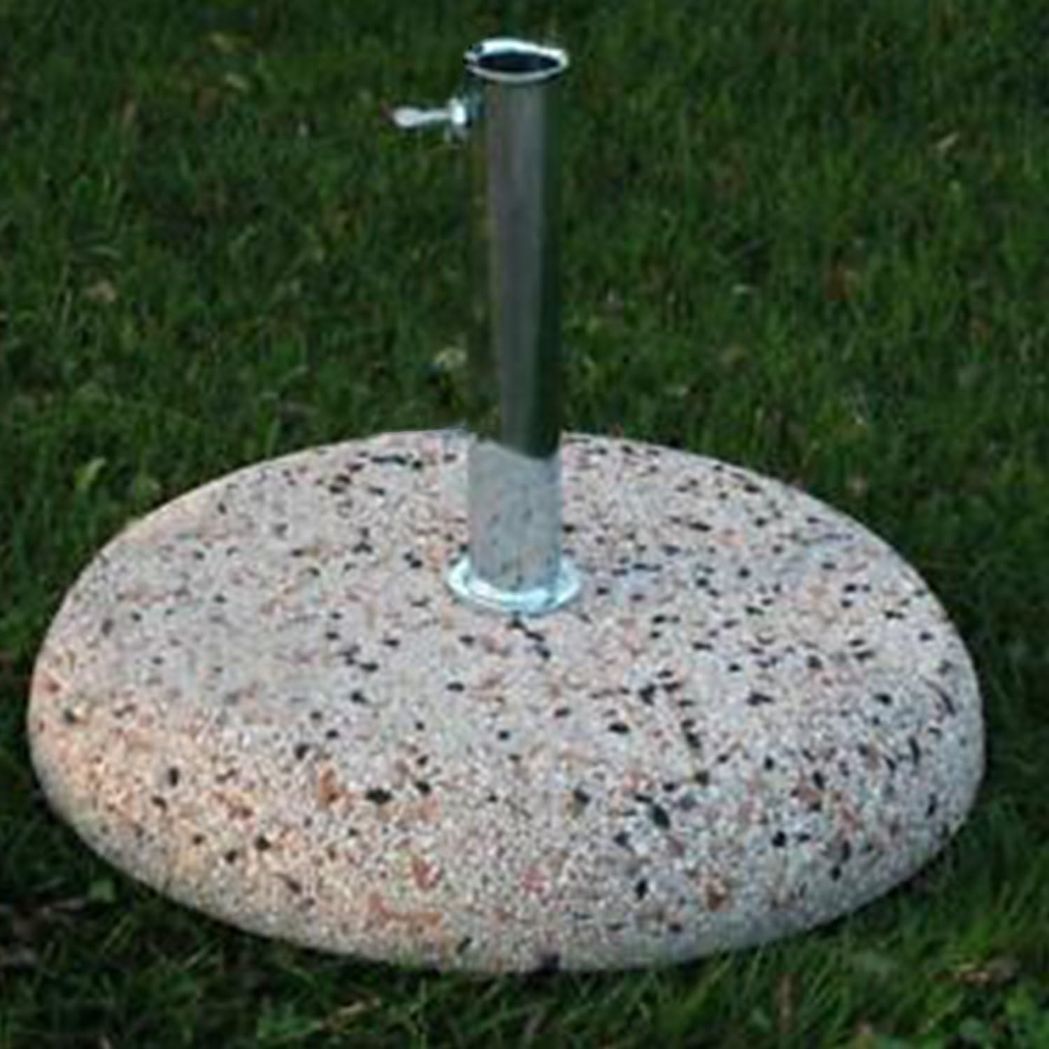 Sicignano | Base Rotonda 55 cm per Ombrellone da Giardino in Cemento Graniglia Fantasia 35 Kg, con Tubo Ferro Zincato Diametro Interno 52 mm per Palo - Arredo Giardino Piscina