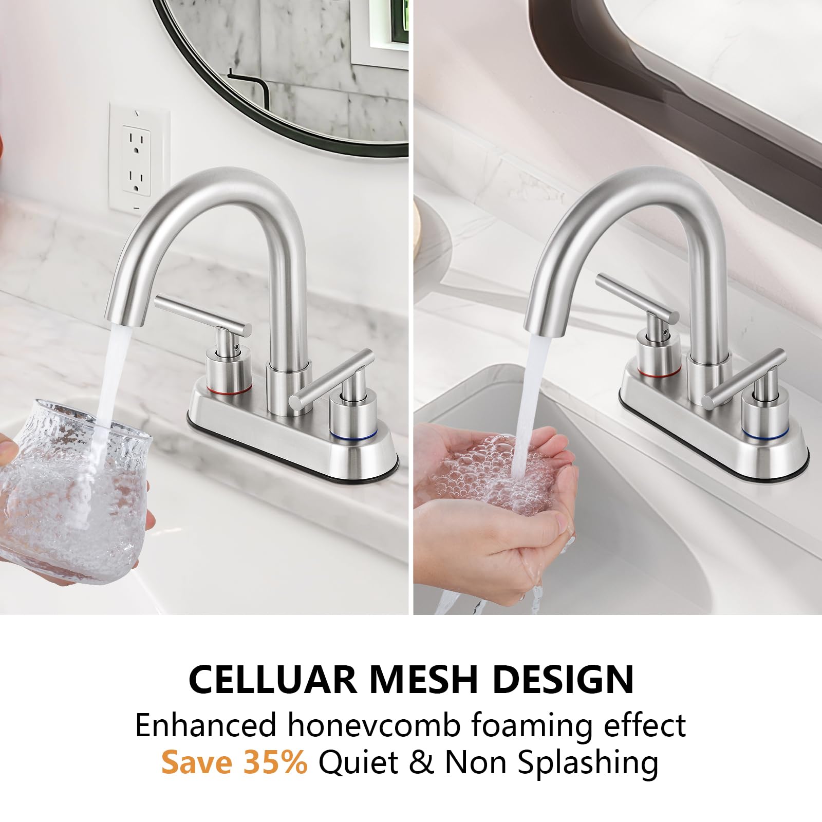 KZH Bathroom Faucet for Sink 3 Hole, 4 Inch Brushed Nickel Bathroom Faucets, Bathroom Sink Faucet 360° Swivel Spout,2-handle Centerset Faucet for Bathroom Sink Vanity with pop Drain Water Supply Lines