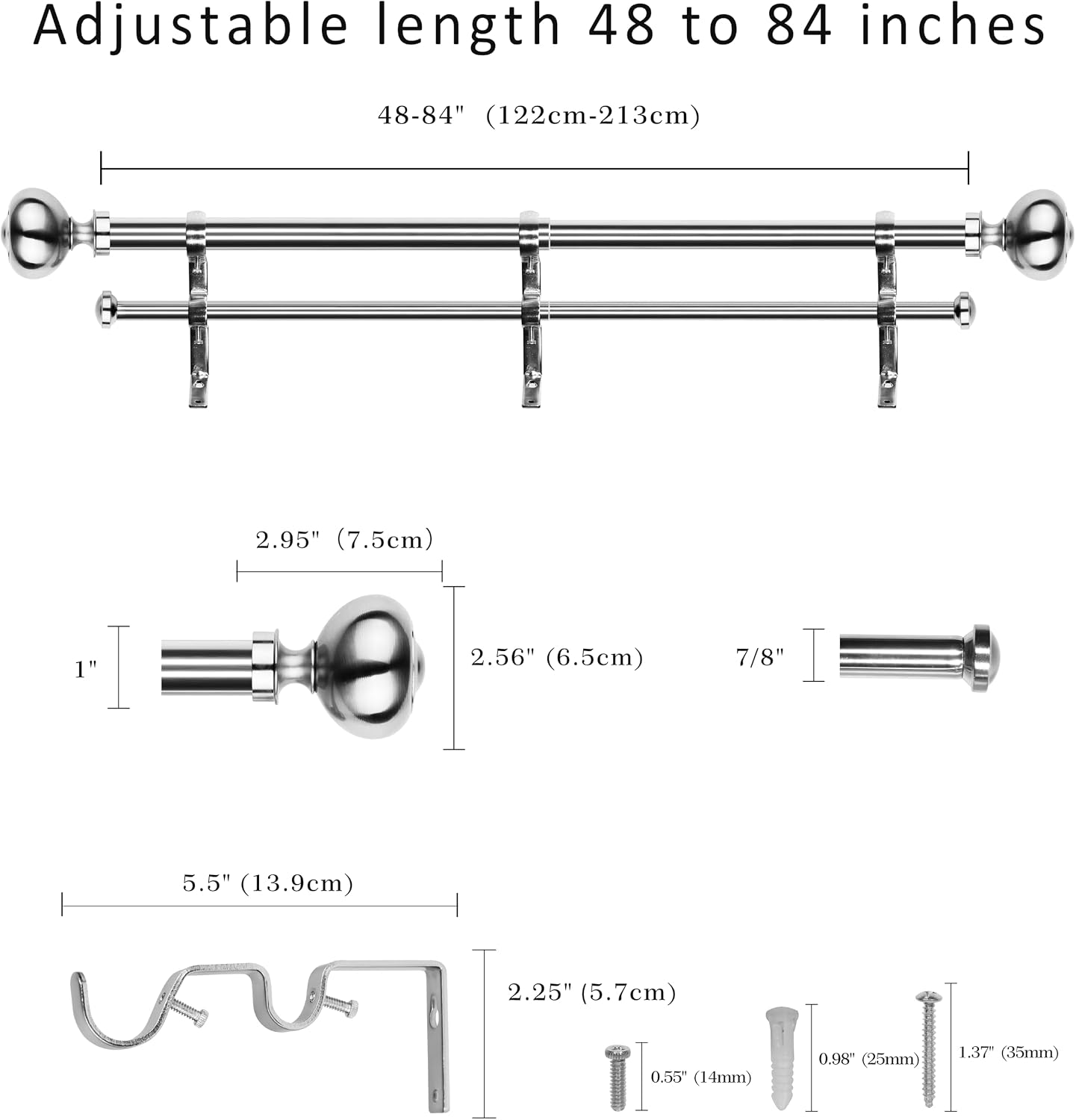 1" Double Curtain Rod with Urm Finials - 48''to 84'',Sand Nickel