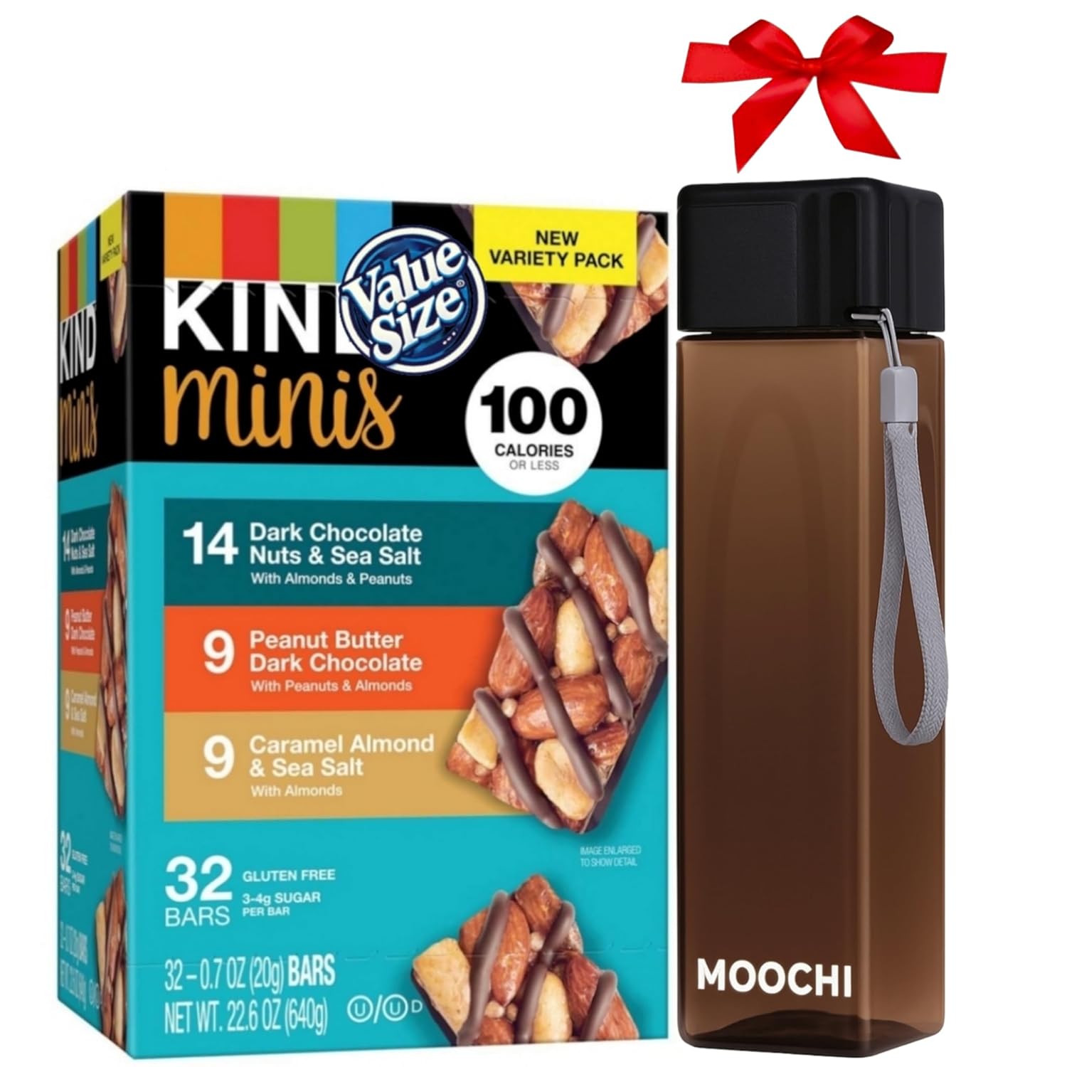 KIND's Minis Dark Chocolate Nuts & Sea Salt, Peanut Butter Dark Chocolate, and Caramel Almond & Sea Salt bars snack variety pack. 32 Ct. + Get Free Moochi Reusable Water Bottle, Custom Bundled.