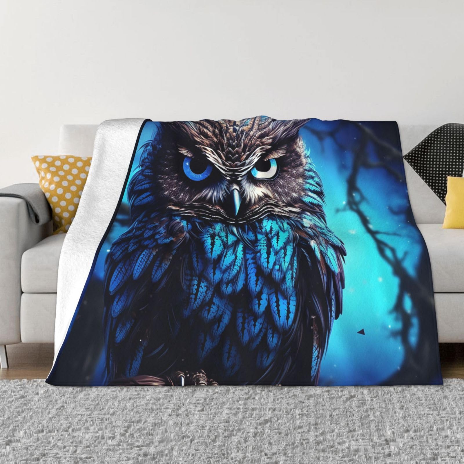 KLOPH Blue Owl Throw Blanket 40"x30" Flannel Fluffy Warm Blanket for Couch, Reversible Plush Blankets for Bed, Comfy Fuzzy Blanket for Sofa, Plush Lightweight-Blankets for All Season