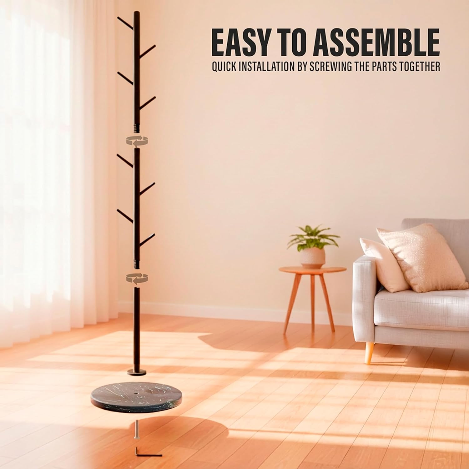 Coat Rack Freestanding Metal Clothing Rack – Modern Clothes Organizer with 8 Coat Hooks – Space-Saving Hall Tree for Entryway, Bedroom, Office – Sturdy Minimalist Coat Hanger & Garment Rack (Black)