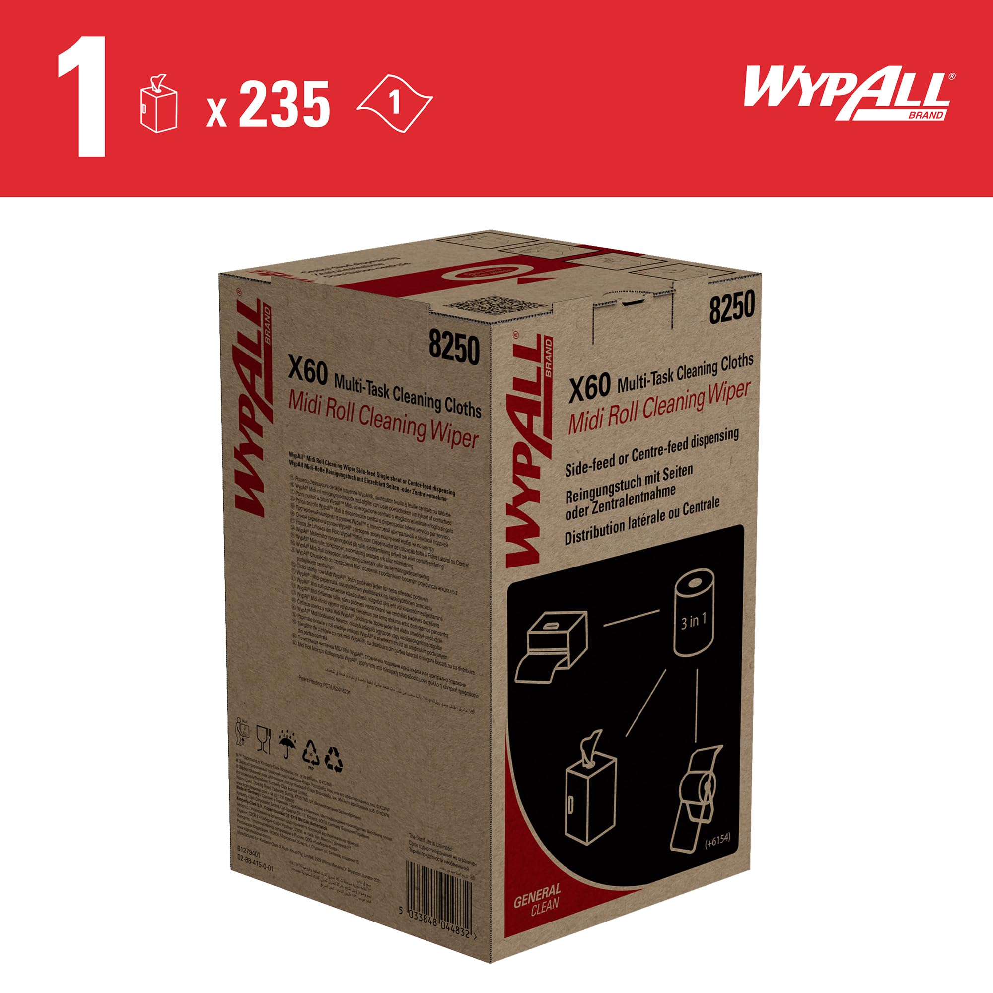 WypAll X60 General Clean Multi-Task Reinigungstücher, blaue Wischtücher zur Universalreinigung, 2-in-1 Midi-Rollenreinigungssystem, 1 blaue Rolle x 235 Wischtücher, Artikel-Nr. 8250