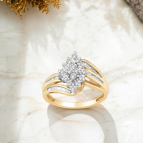 Vista 8 de Anillo de oro amarillo de 10 quilates de Jewelili con diamantes blancos naturales redondos y de corte baguette de 12 CTW para mujeres Joyería fina
