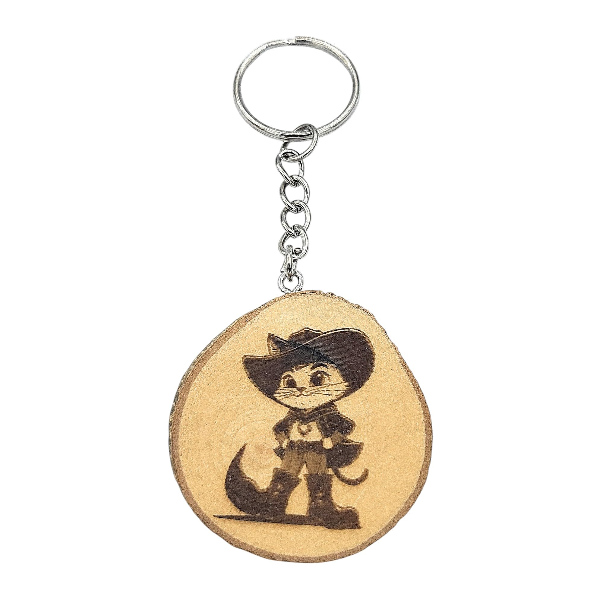 Promotech Unisex Natural Wood Wooden Keyring - Laser Engraved Puss In Boots - Handmade Fairy Tale Keyring Unique Wooden Accessory