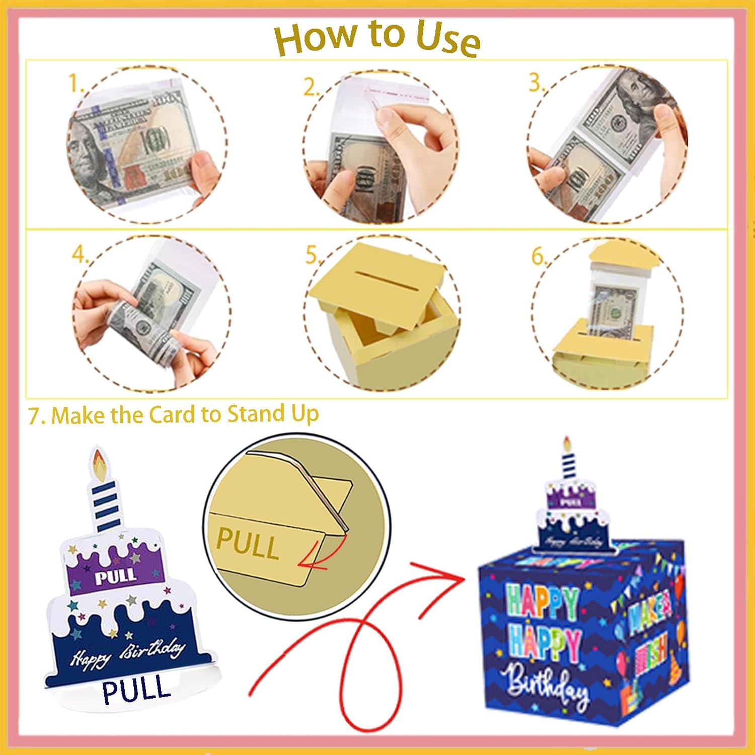 Rxwstt Birthday Box for Cash Gift, Money Roll Gift Box for Cake Pull Out Kit with Cards Money as Money Bouquet, Surprise Birthday Money Pull Box Explosion for All Age Group with Instruction Book