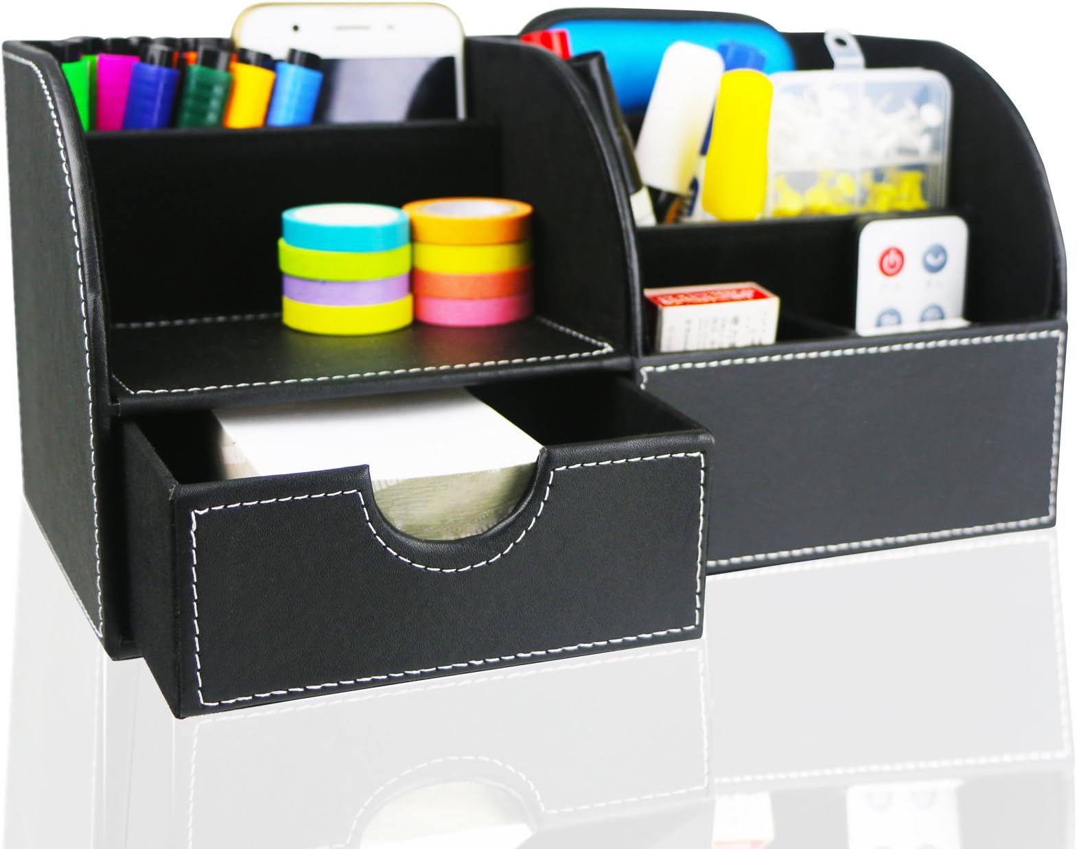 Desk Organiser PU Leather Multi-Functional Desk Tidy Supplies Organiser for Business Card Pen Mobile Phone Remote Control Holder Storage by Cefanty