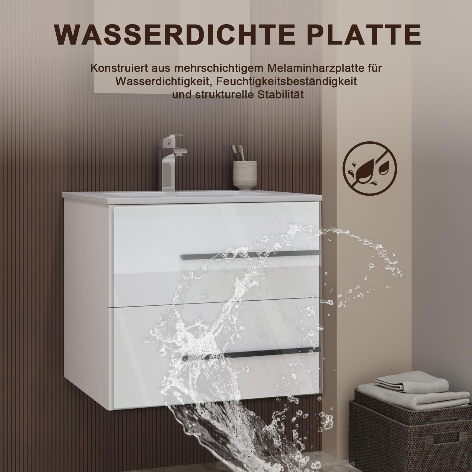 Waschbecken mit Unterschrank 60 cm breit, Waschbeckenunterschrank, Badmöbel Set für Gäste-WC, Hängender Waschtisch mit Keramikwaschbecken, Weiß Hochglanz Badmöbel mit 2 Soft-Close-Schubladen