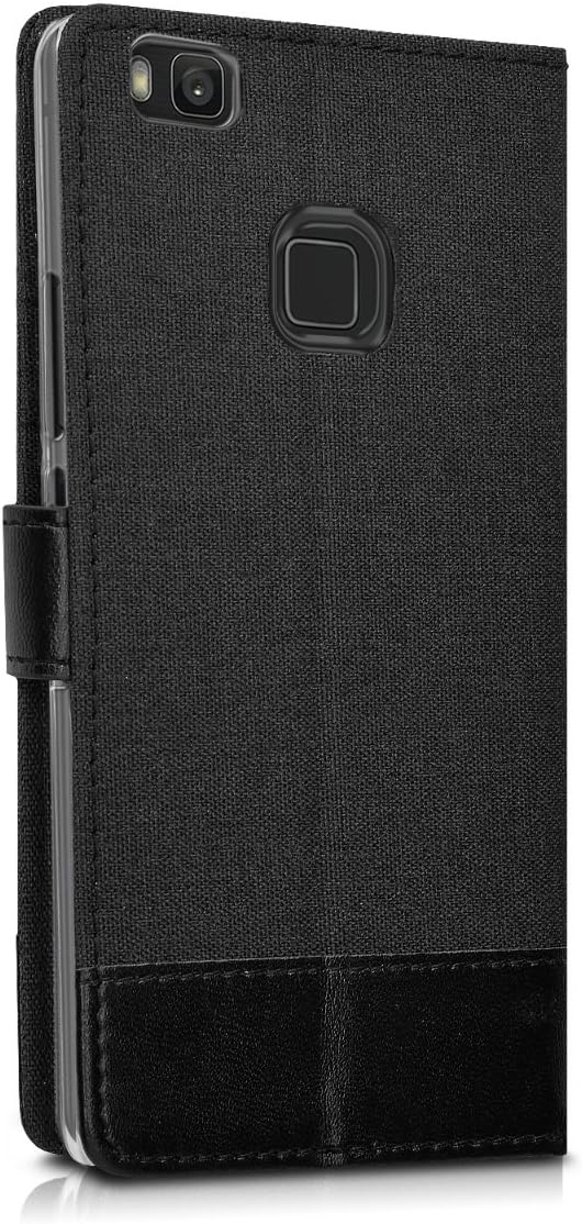 kwmobile Wallet Case Compatible with Huawei P9 Lite - Case Fabric and Faux Leather Phone Flip Cover - Anthracite/Black