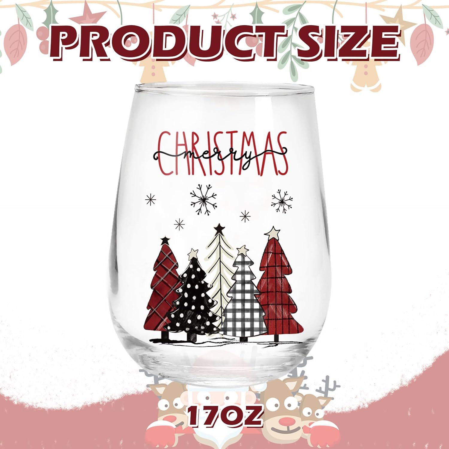 Whaline 2Pcs Christmas Stemless Wine Glasses 17oz Plaid Christmas Tree Snowman Drinking Glasses Red Black Holiday Tumbler Cups for Xmas Winter Party Supplies - Image 2