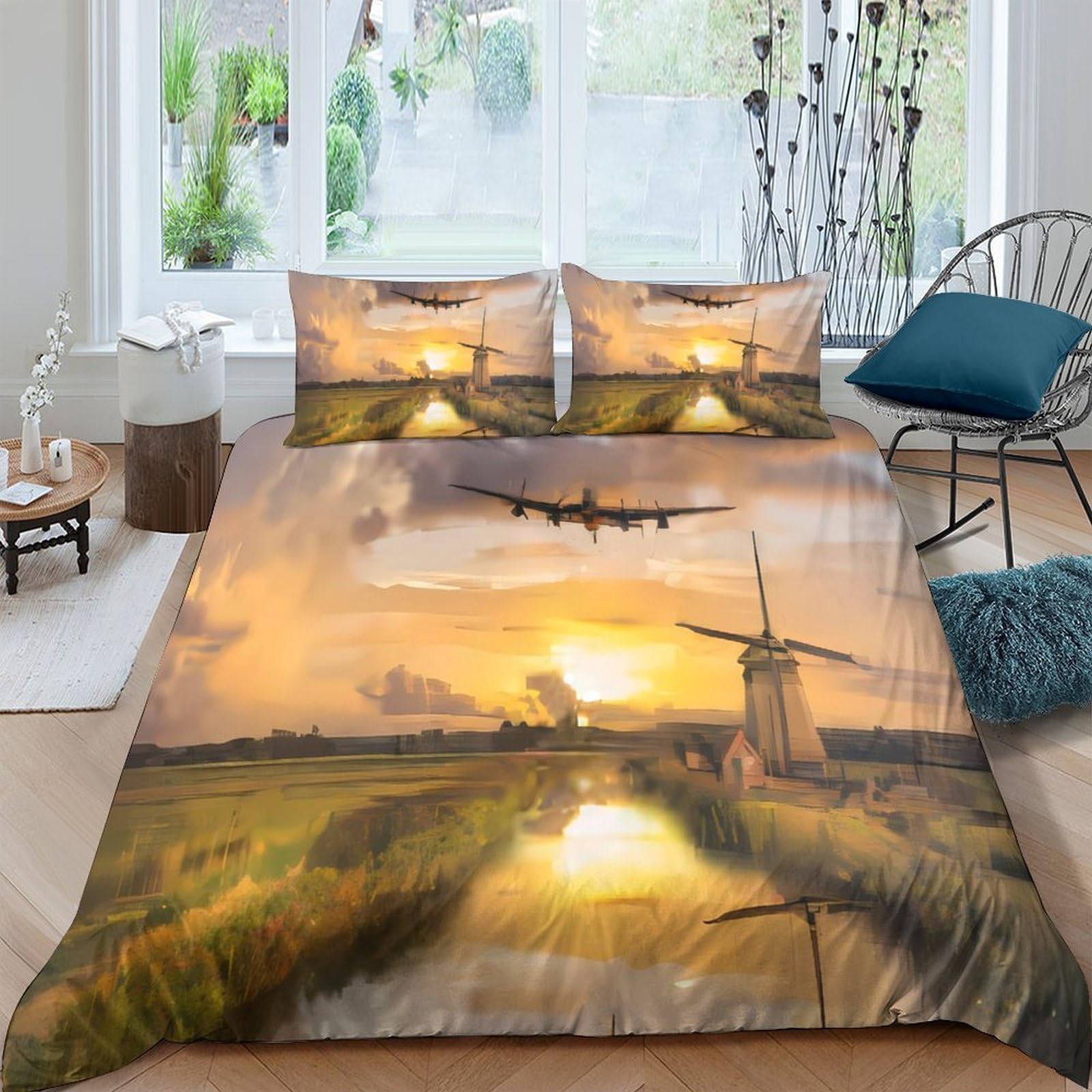 Ctjqhvkz Style-1 3D Printed Sunset Windmill Fitted Sheet Microfiber Soft Orange Landscape Bed Cover For Bedroom Guest Room Decor Single（135X200cm）
