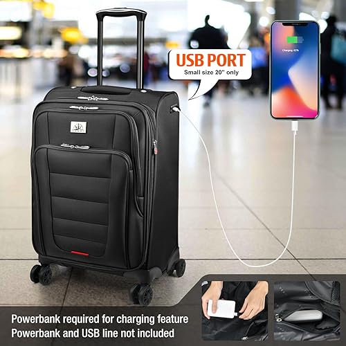 Miniatura 3 de Verdi Set de maletas de 3 piezas con rueda giratoria, laterales acolchados, expansibles con puerto USB, Negro, Maleta de mano de 20 pulg.
