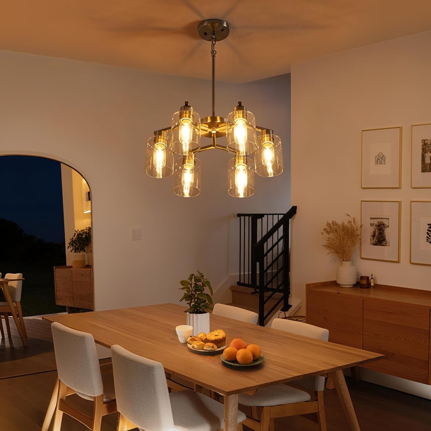 6 Light Chandeliers for Dining Room Light Fixtures Over Table Brushed Nickel Light Fixtures for Dining Room Ceiling Adjustable Height Kitchen Chandelier Over Table with Glass Shades for Kitchen Island
